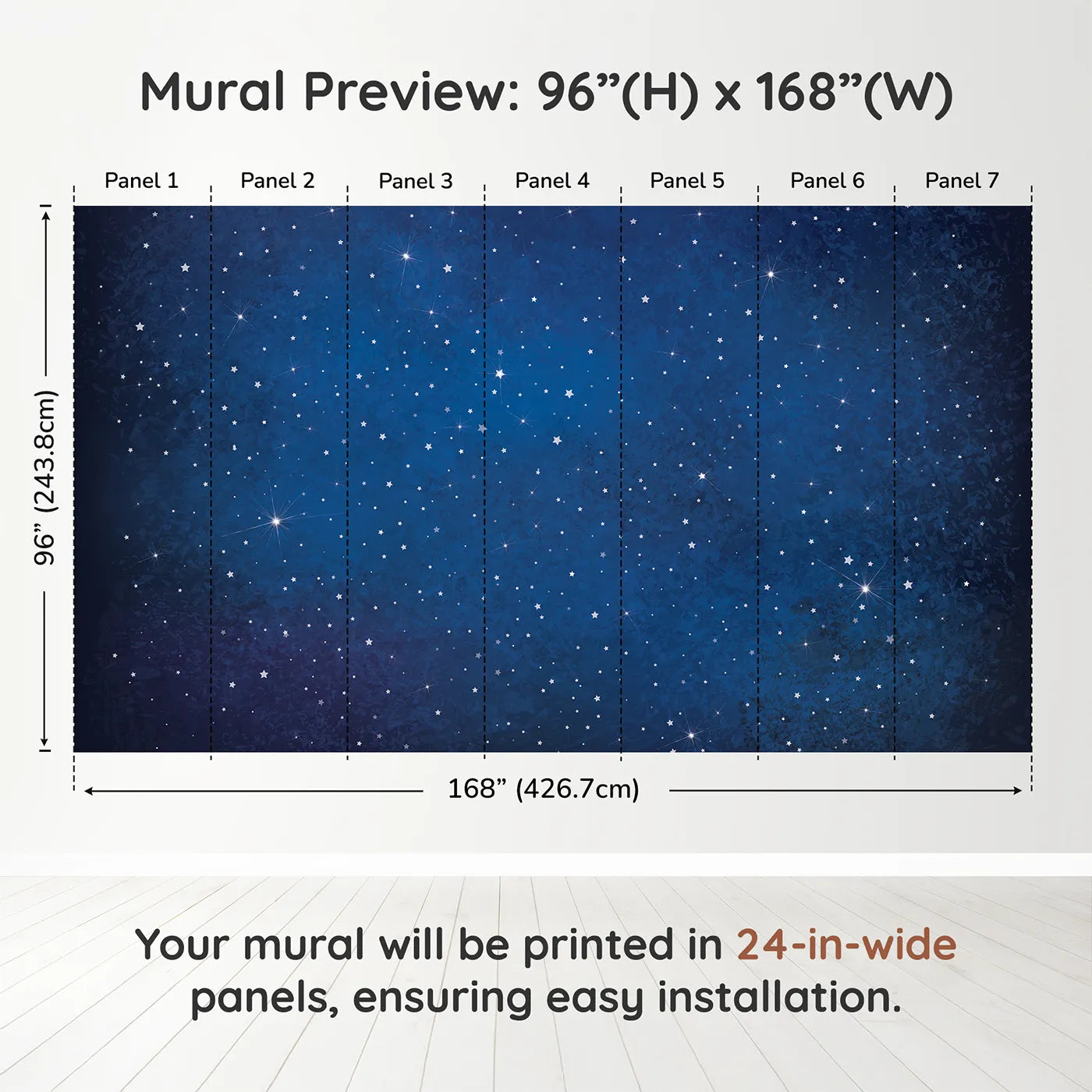 Whimsy Tots Deep Space Wall Muraldimension view (96" H x 168" W). Printed in seven 24-inch-wide panels. Gender-Neutral