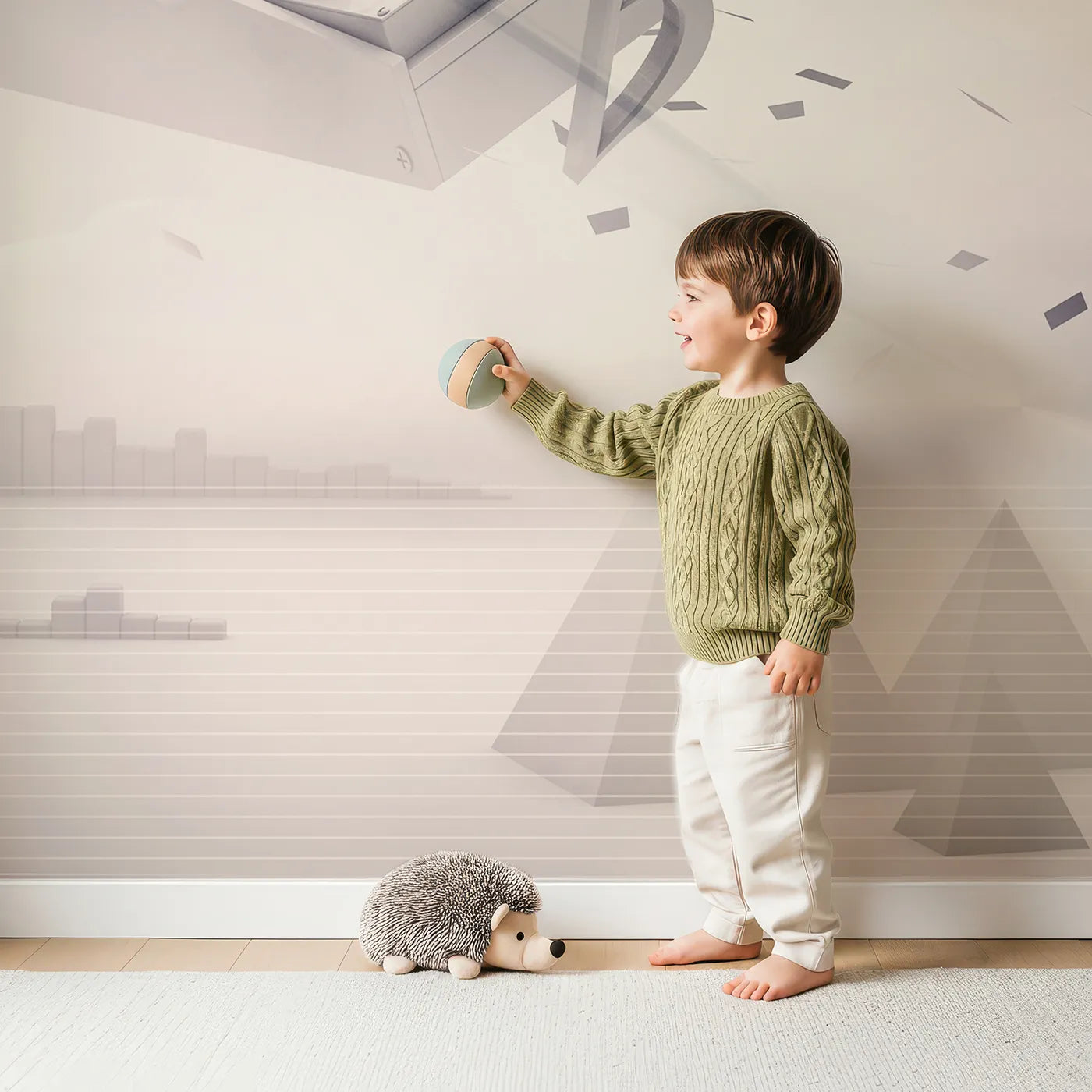 Child in front of Whimsy Tots Monochrome Music Explosion Wall Mural with music, 3d, monochrome, instrument, keyboard, modern, abstract, surreal in design.