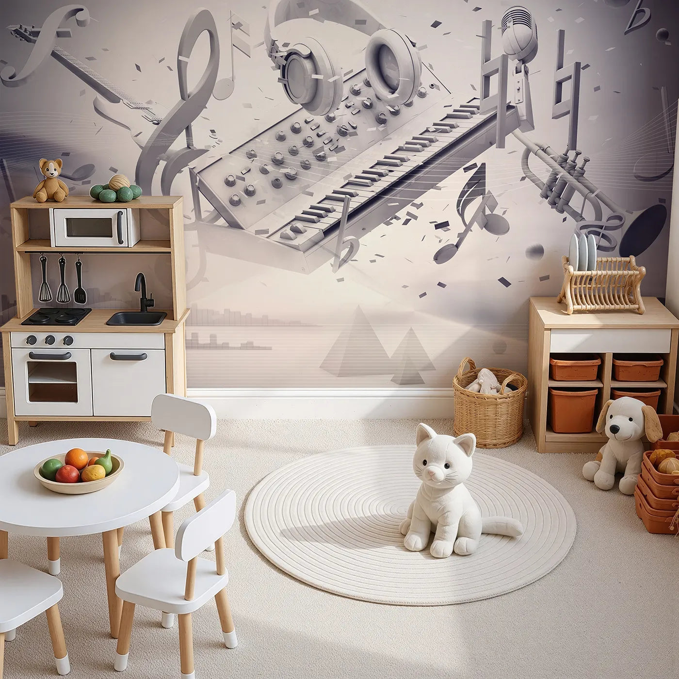 Top-down view of Whimsy Tots' Monochrome Music Explosion Wall Mural (Turn Their Room into a Modern, 3D Symphony).Gender-Neutral