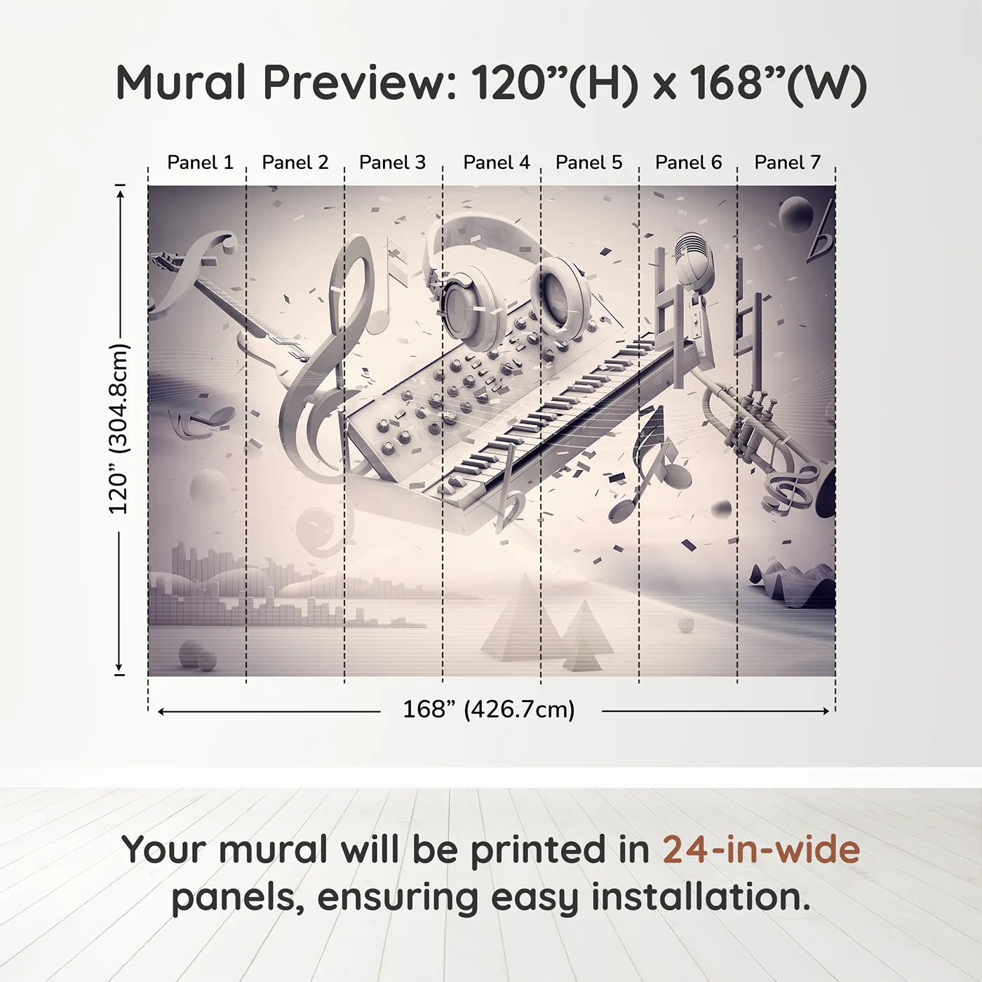 Whimsy Tots Monochrome Music Explosion Wall Muraldimension view (120" H x 168" W). Printed in seven 24-inch-wide panels. Gender-Neutral