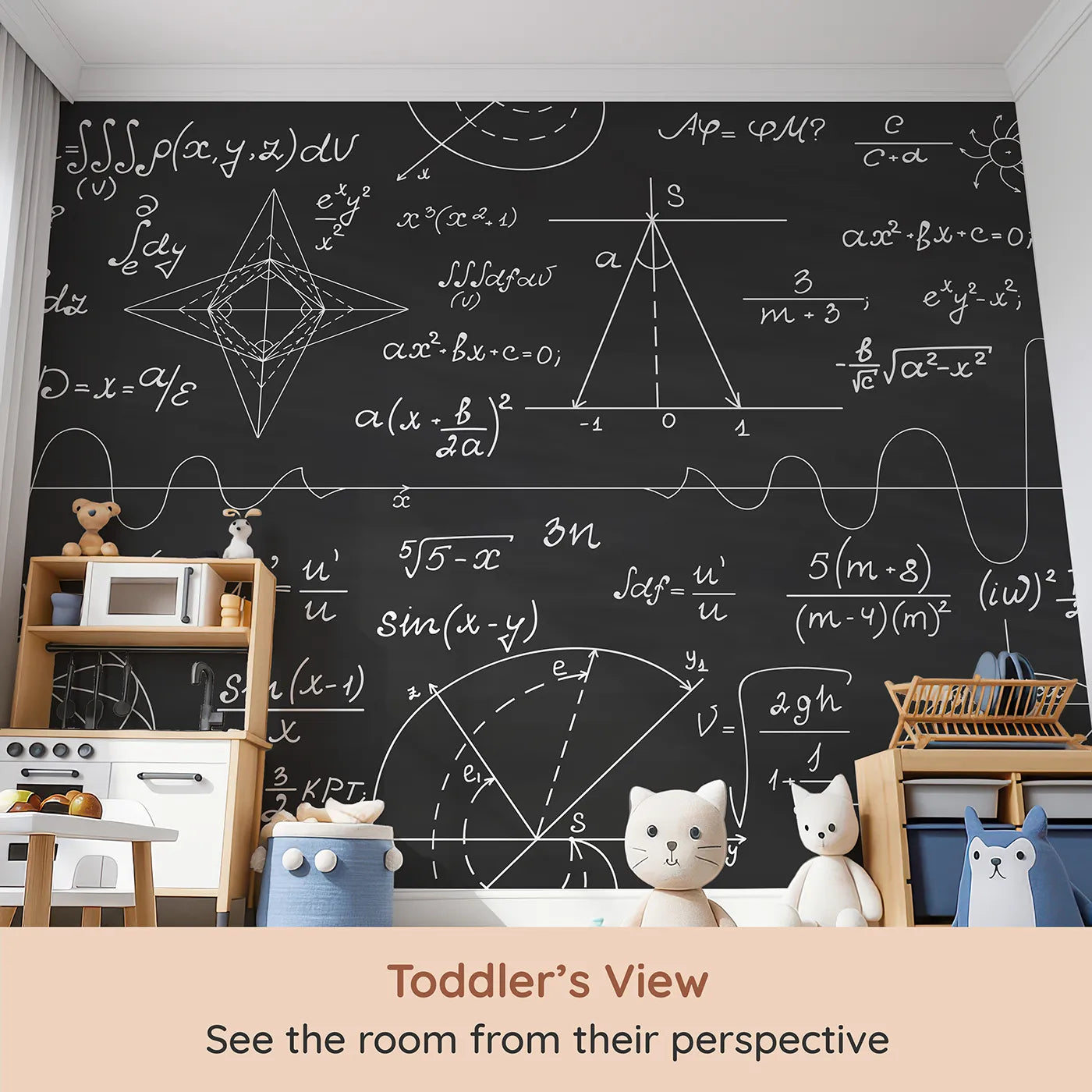 Whimsy Tots Black Chalkboard Math Wall Mural (Turn Their Room into a Hub for Big Ideas) from your child's view.Gender-Neutral