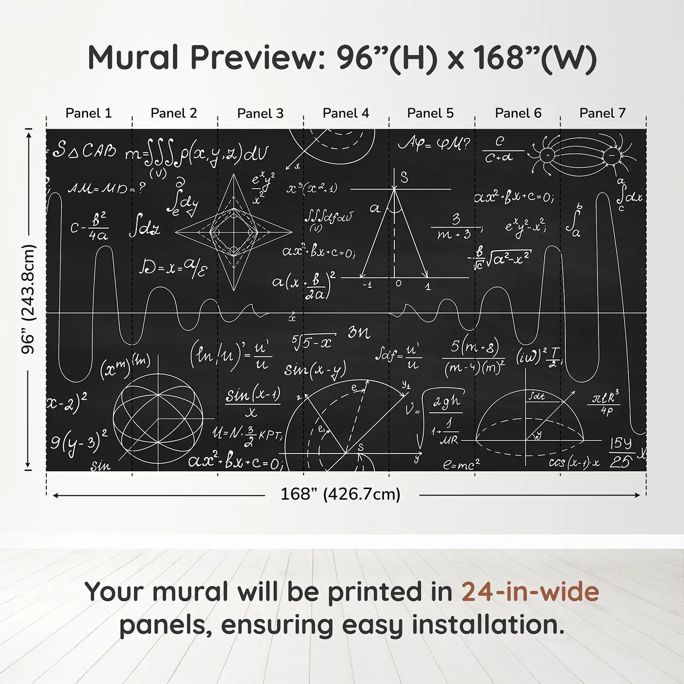 Whimsy Tots Black Chalkboard Math Wall Muraldimension view (96" H x 168" W). Printed in seven 24-inch-wide panels. Gender-Neutral
