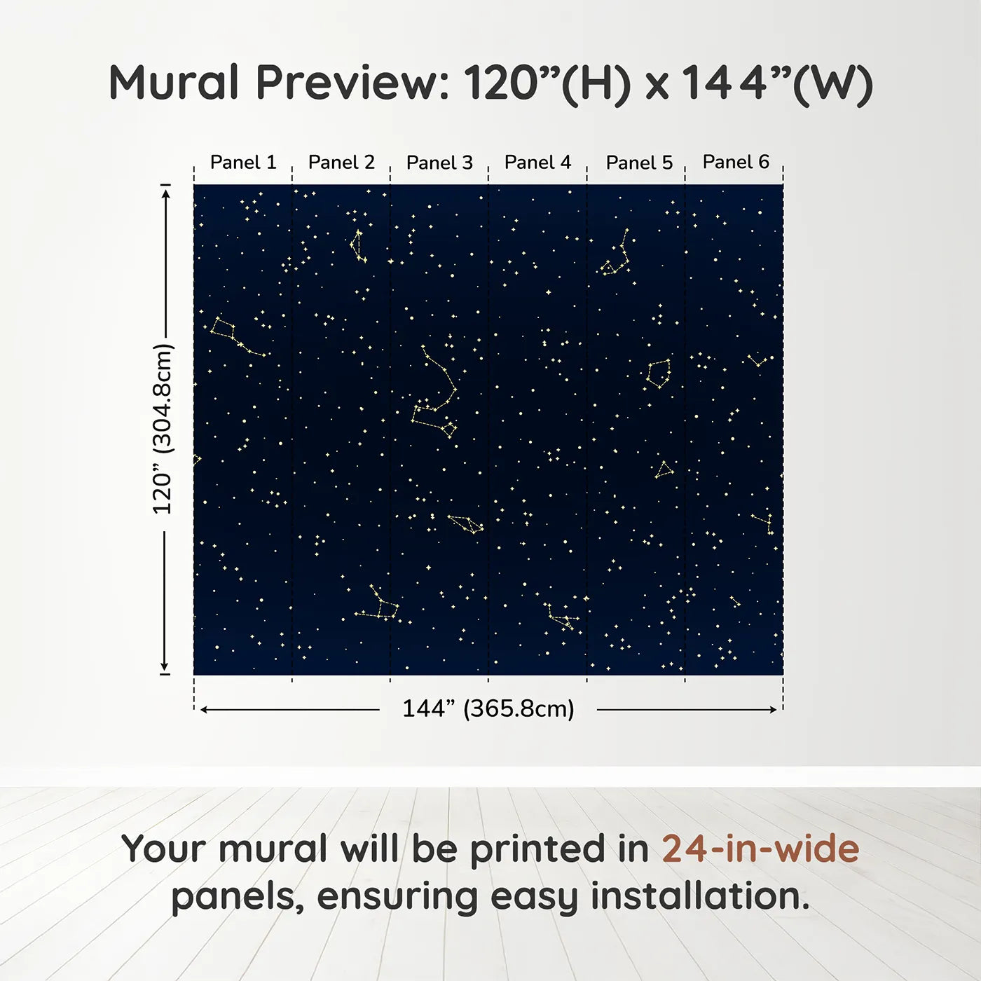 Whimsy Tots Golden Constellation Sky Wall Muraldimension view (120" H x 144" W). Printed in six 24-inch-wide panels. Gender-Neutral