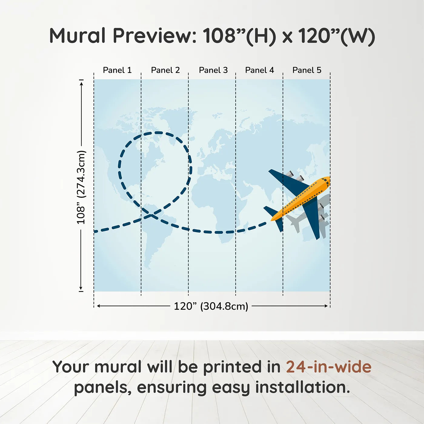 Whimsy Tots World Traveler Wall Muraldimension view (108" H x 120" W). Printed in five 24-inch-wide panels. Gender-Neutral