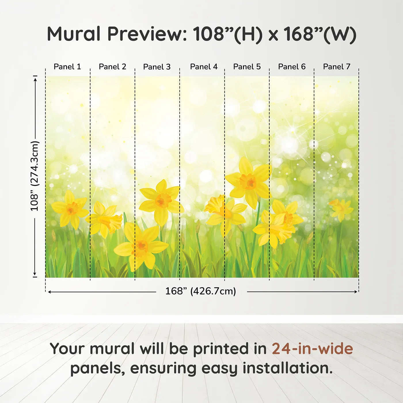Whimsy Tots Daffodil Meadow Wall Muraldimension view (108" H x 168" W). Printed in seven 24-inch-wide panels. Gender-Neutral