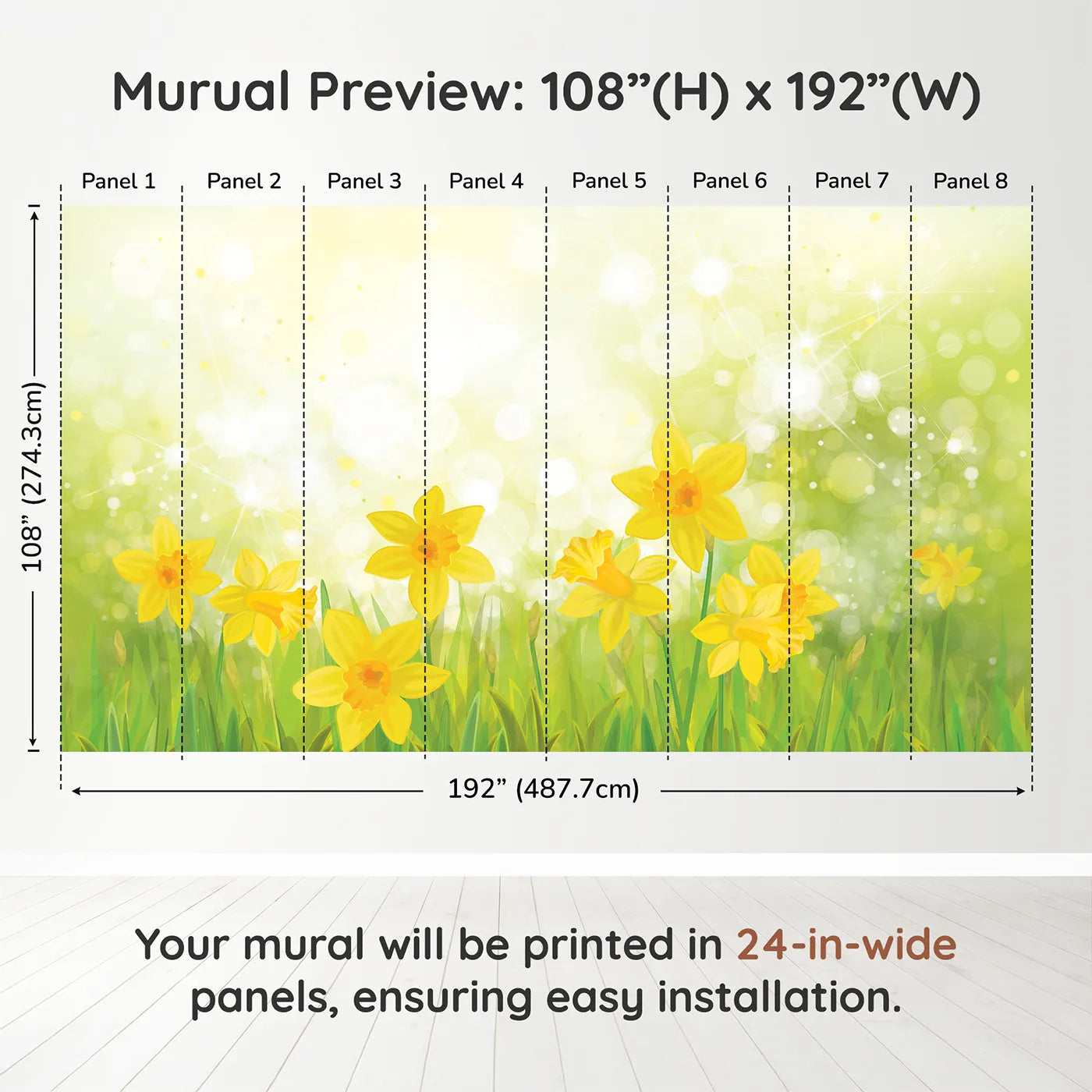 Whimsy Tots Daffodil Meadow Wall Muraldimension view (108" H x 192" W). Printed in eight 24-inch-wide panels. Gender-Neutral