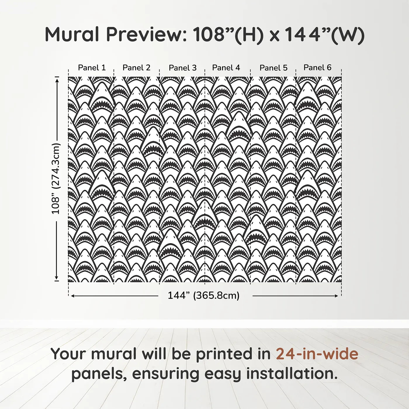 Whimsy Tots Shark Teeth Wall Muraldimension view (108" H x 144" W). Printed in six 24-inch-wide panels. Gender-Neutral