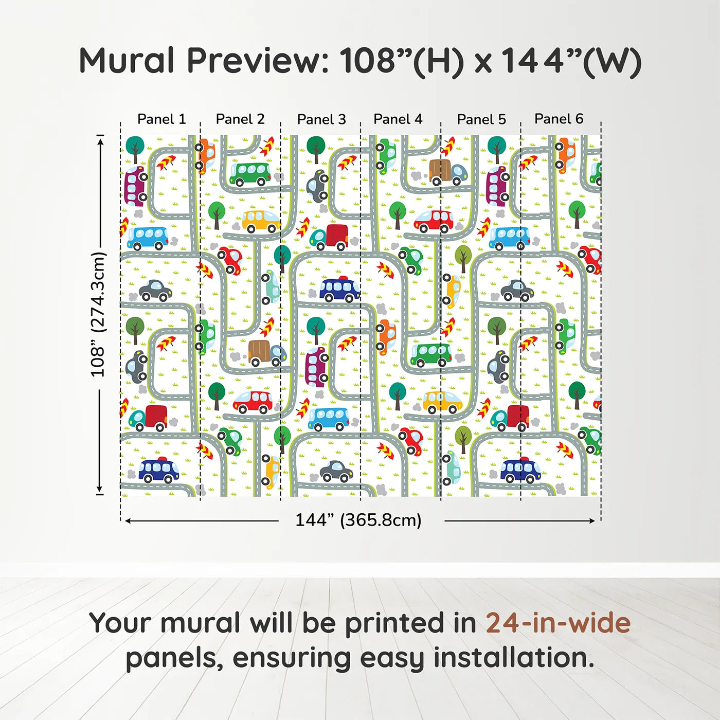 Whimsy Tots Busy Roads Wall Muraldimension view (108" H x 144" W). Printed in six 24-inch-wide panels. Gender-Neutral