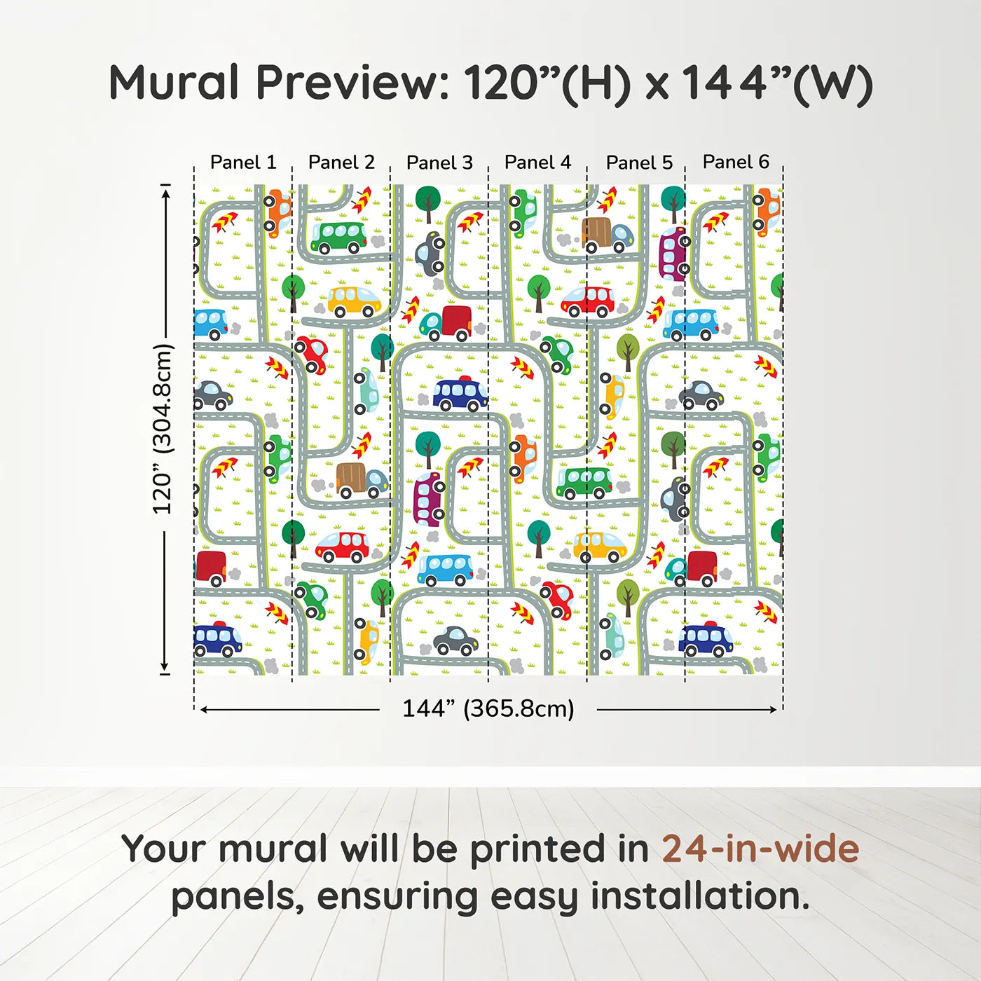 Whimsy Tots Busy Roads Wall Muraldimension view (120" H x 144" W). Printed in six 24-inch-wide panels. Gender-Neutral