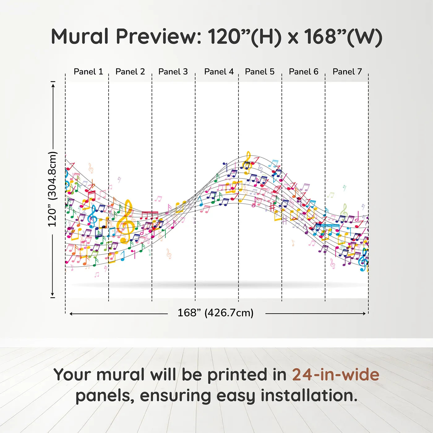 Whimsy Tots Colorful Music Wave Wall Muraldimension view (120" H x 168" W). Printed in seven 24-inch-wide panels. Gender-Neutral