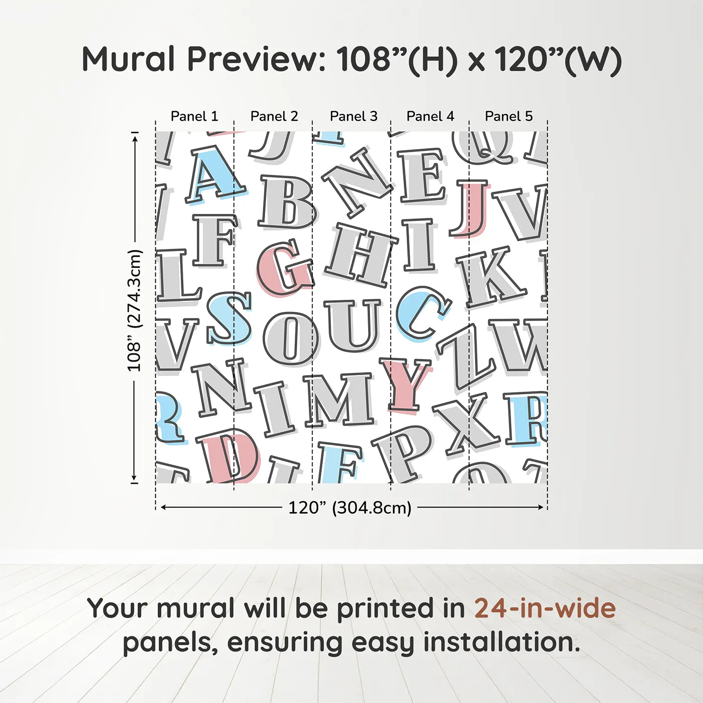 Whimsy Tots Retro Alphabet Wall Muraldimension view (108" H x 120" W). Printed in five 24-inch-wide panels. Gender-Neutral