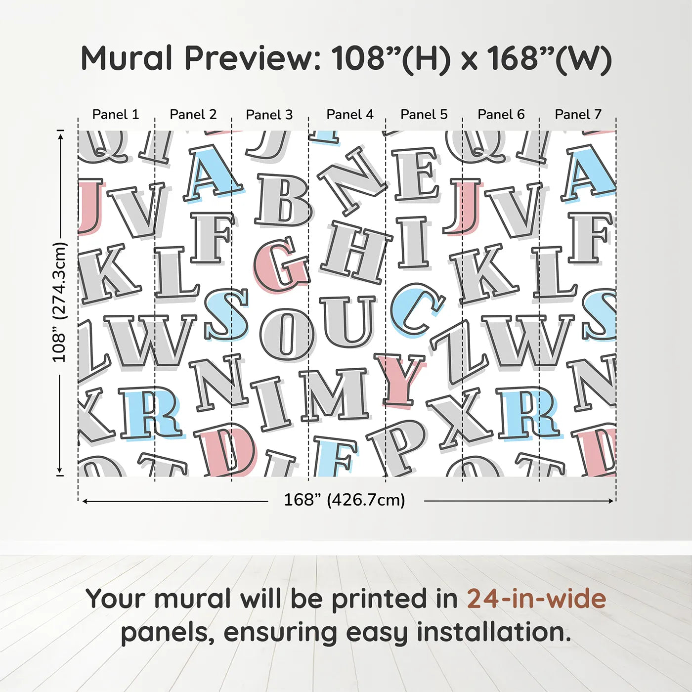 Whimsy Tots Retro Alphabet Wall Muraldimension view (108" H x 168" W). Printed in seven 24-inch-wide panels. Gender-Neutral