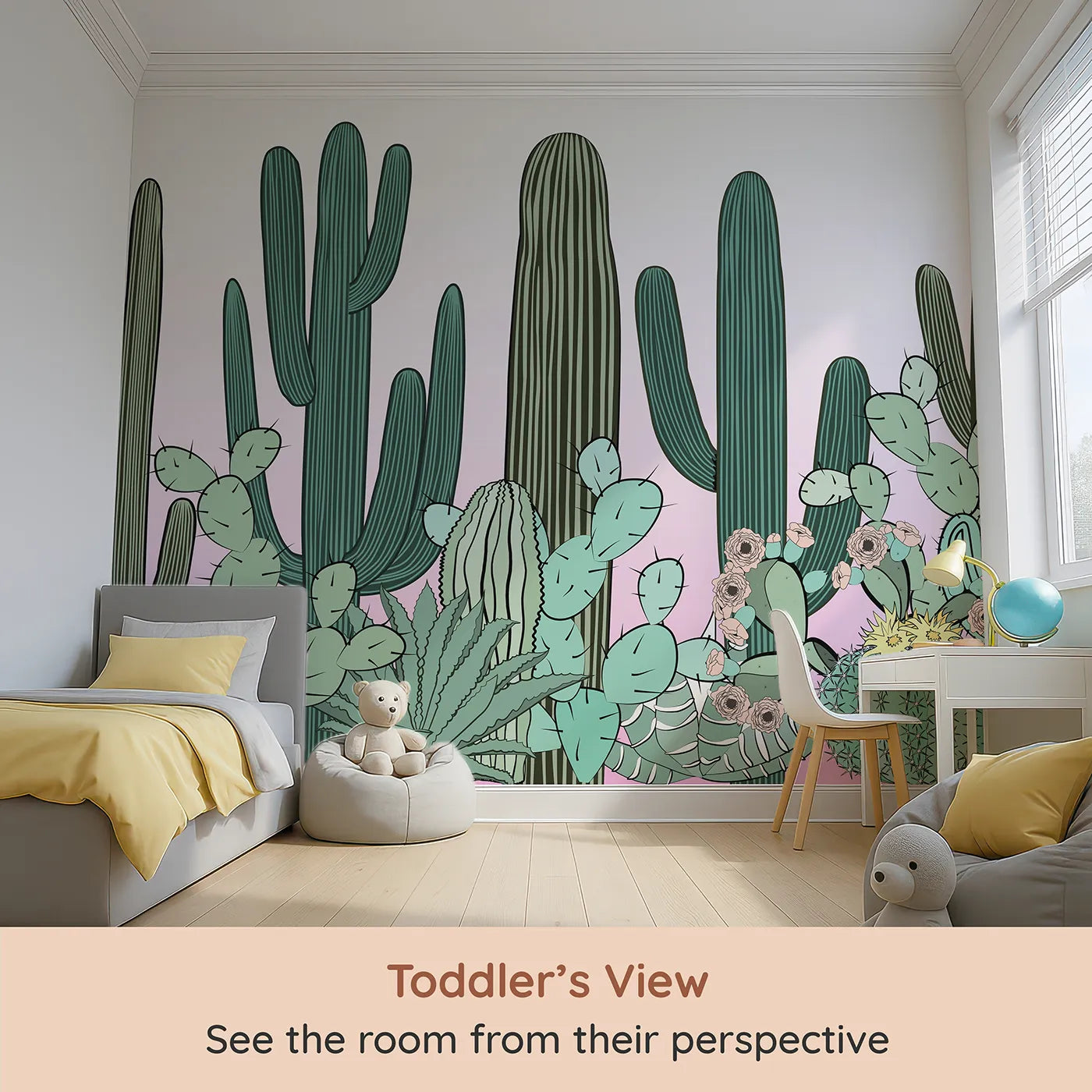 Whimsy Tots Cactus Garden Border Wall Mural (Turn Their Room into a Stylish Desert Oasis) from your child's view.Gender-Neutral