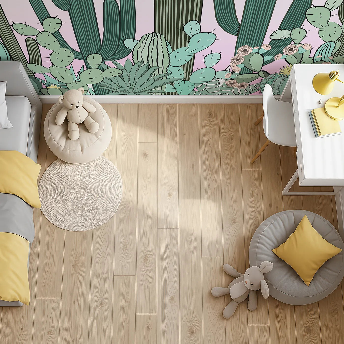 Top-down view of Whimsy Tots' Cactus Garden Border Wall Mural (Turn Their Room into a Stylish Desert Oasis).Gender-Neutral