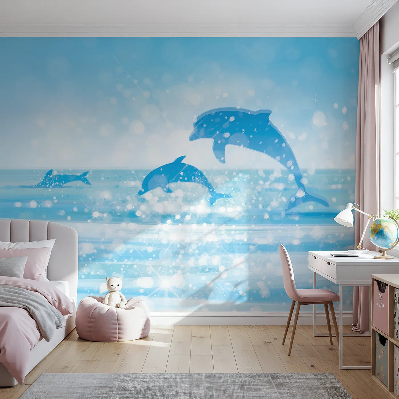 Front view of Whimsy Tots' Sparkling Dolphin Bay Wall Mural