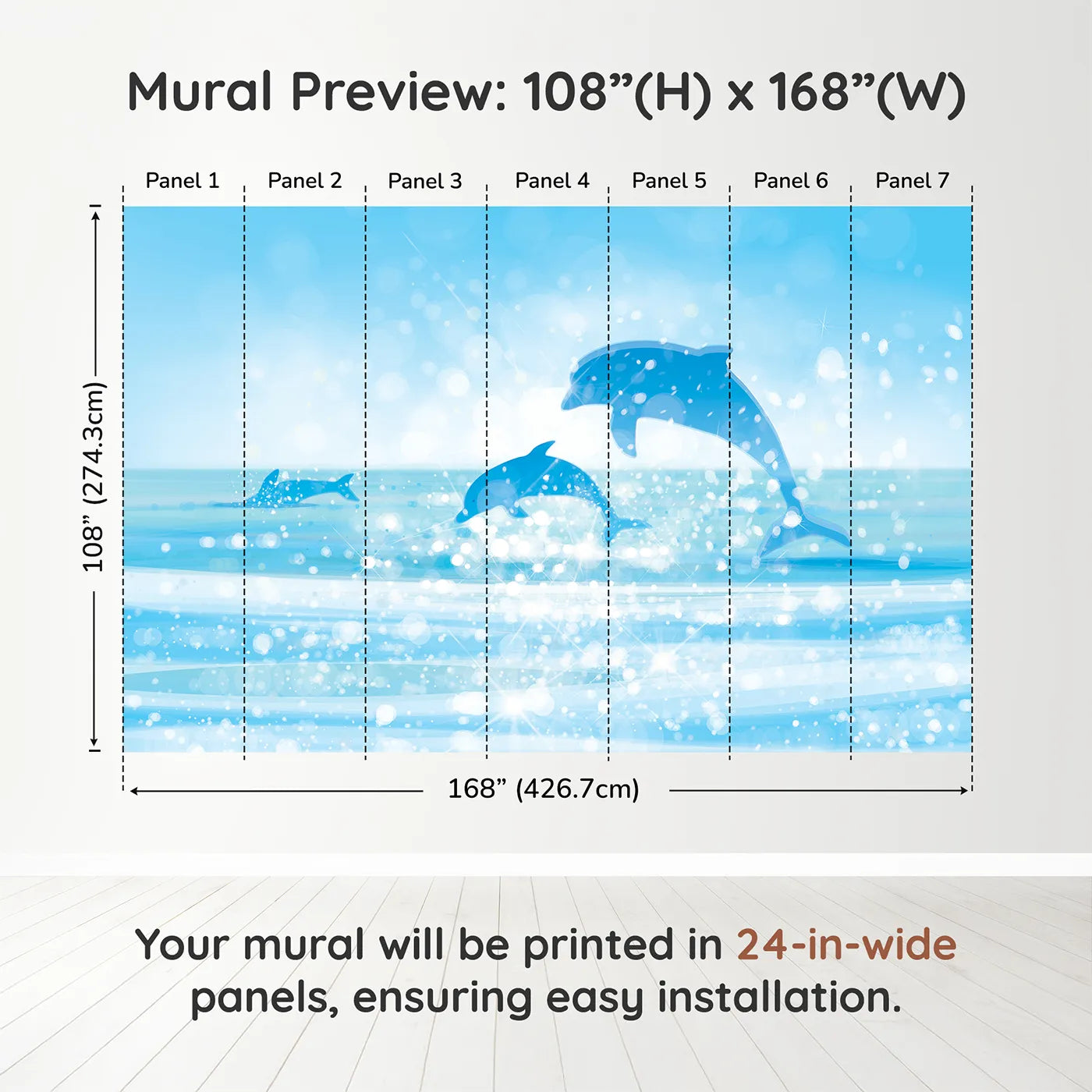 Whimsy Tots Sparkling Dolphin Bay Wall Muraldimension view (108" H x 168" W). Printed in seven 24-inch-wide panels. Gender-Neutral