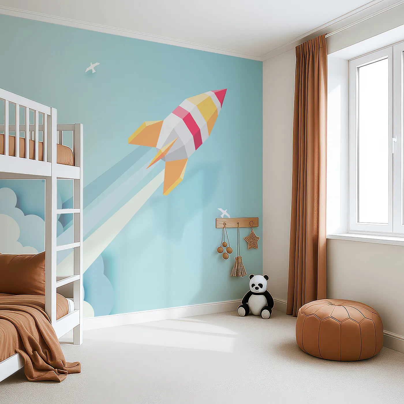 Angled view of Whimsy Tots' Papercraft Rocket in the Clouds Wall Mural (Turn Their Room into a High-Flying, Crafty Adventure).Gender-Neutral