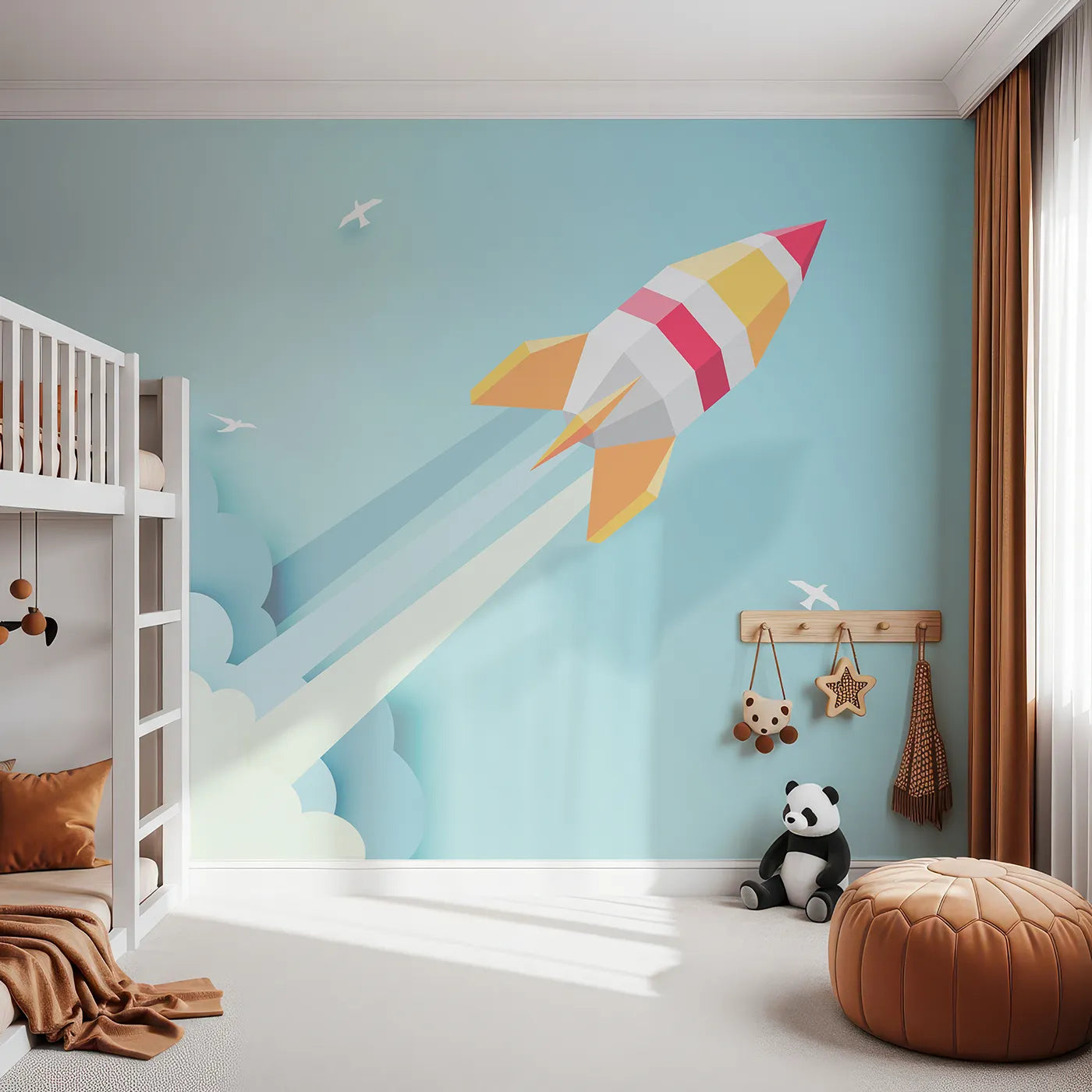 Front view of Whimsy Tots' Papercraft Rocket in the Clouds Wall Mural