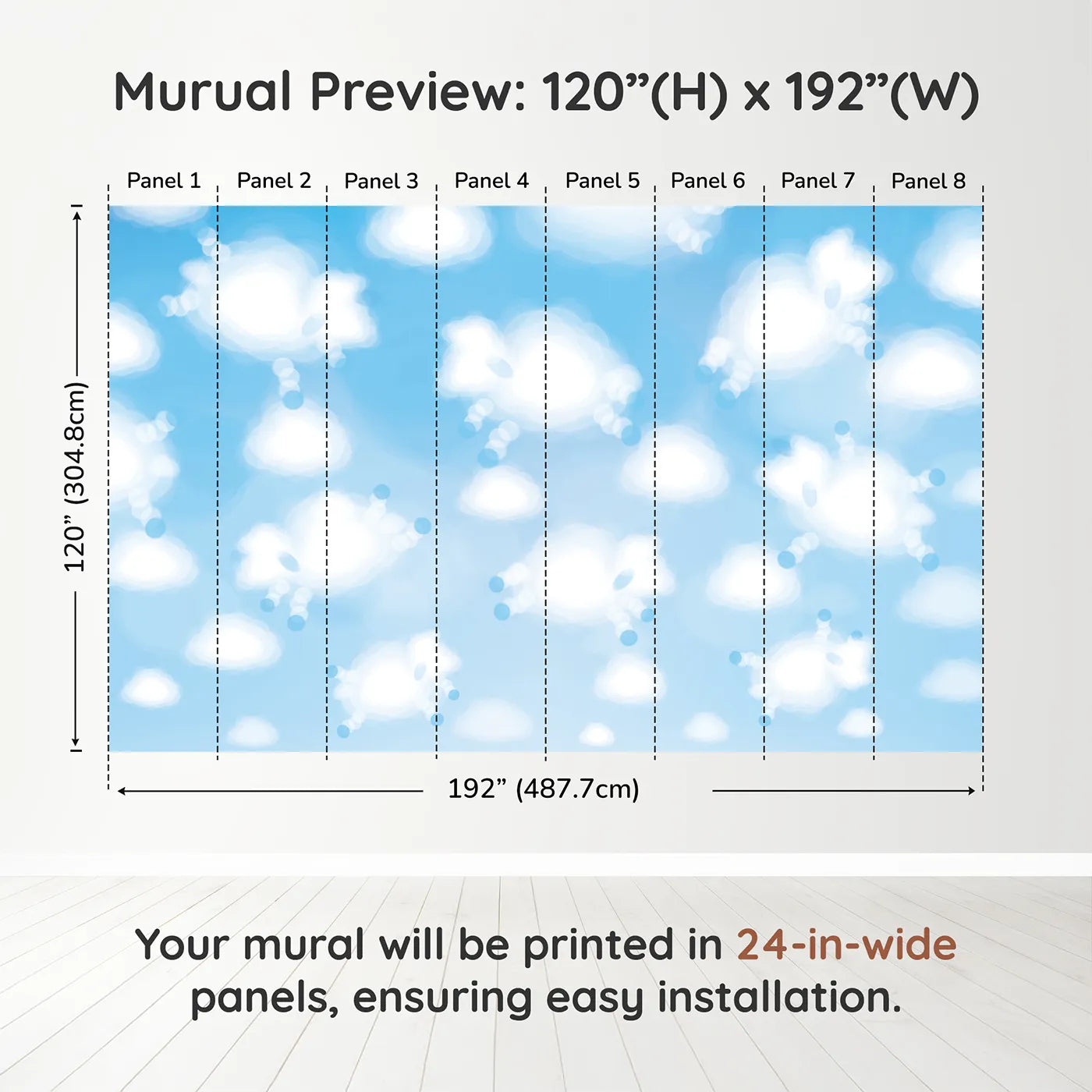 Whimsy Tots Cloud Sheep Wall Muraldimension view (120" H x 192" W). Printed in eight 24-inch-wide panels. Gender-Neutral