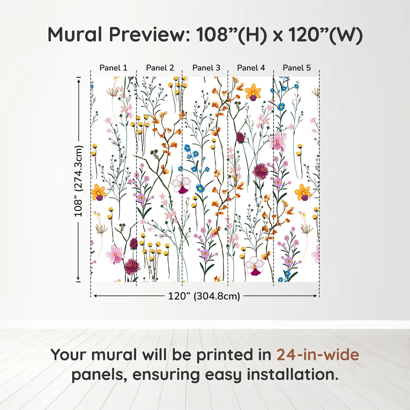 Whimsy Tots Colorful Wildflower Pattern Wall Muraldimension view (108" H x 120" W). Printed in five 24-inch-wide panels. Gender-Neutral