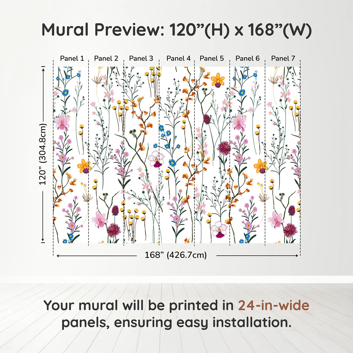 Whimsy Tots Colorful Wildflower Pattern Wall Muraldimension view (120" H x 168" W). Printed in seven 24-inch-wide panels. Gender-Neutral