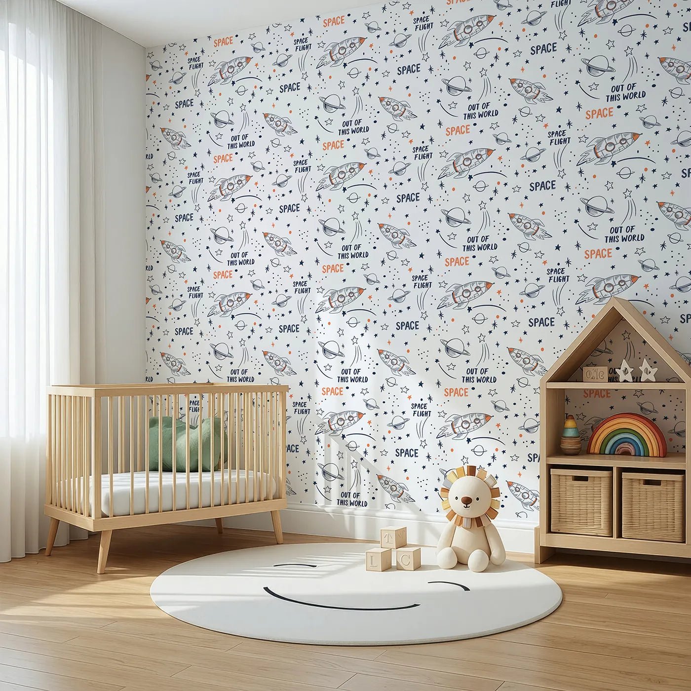 Angled view of Whimsy Tots' Rocket Doodle Space Flight Wallpaper (W2001).Blast off into a universe of doodles and dreams.
