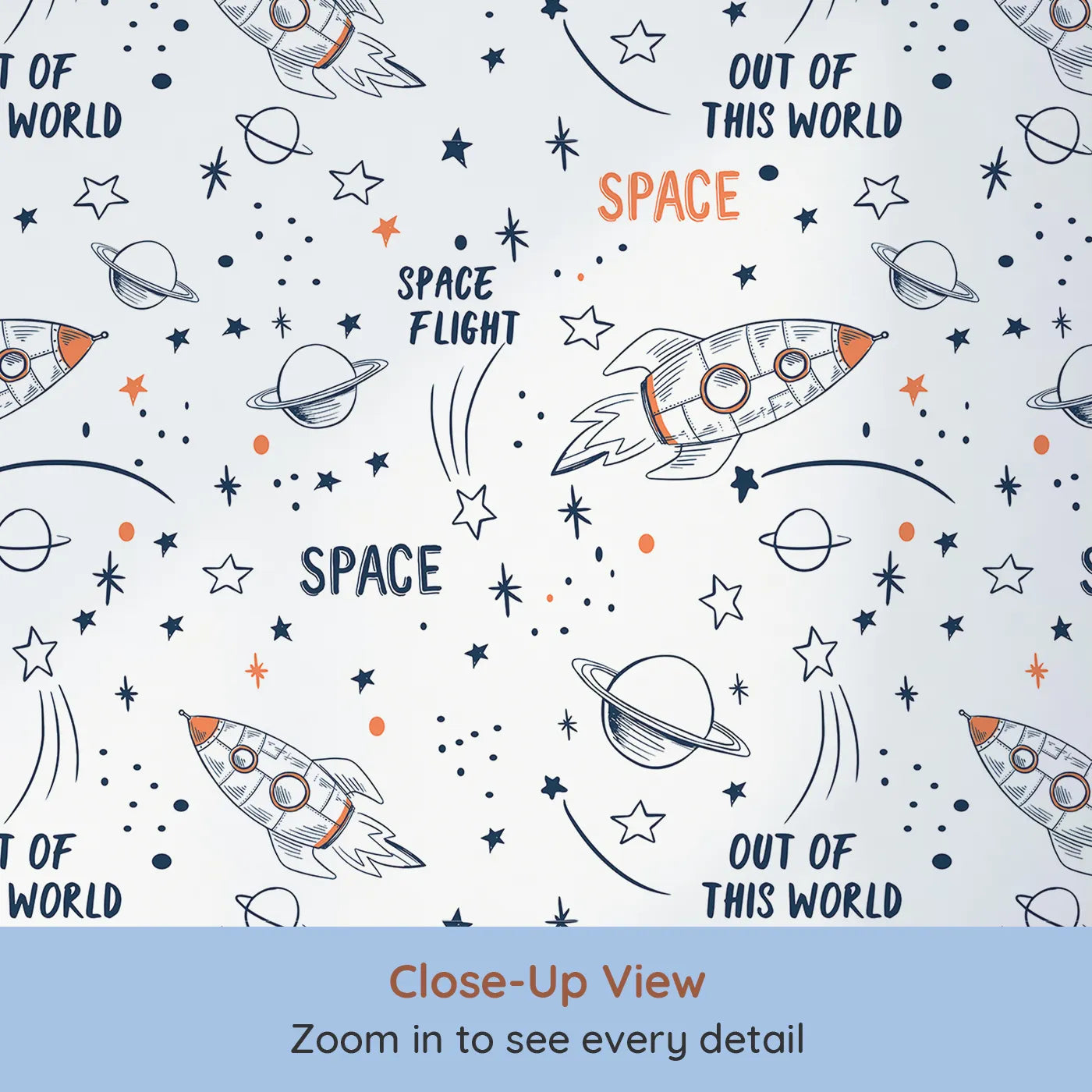 Close-up view of Whimsy Tots' Rocket Doodle Space Flight Wallpaper (W2001).Blast off into a universe of doodles and dreams.
