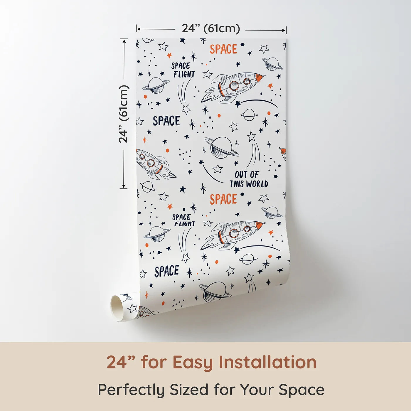 Dimension view of Whimsy Tots Rocket Doodle Space Flight Wallpaper (W2001). Printed in 24-inch-wide panel for easy installation. Blast off into a universe of doodles and dreams.