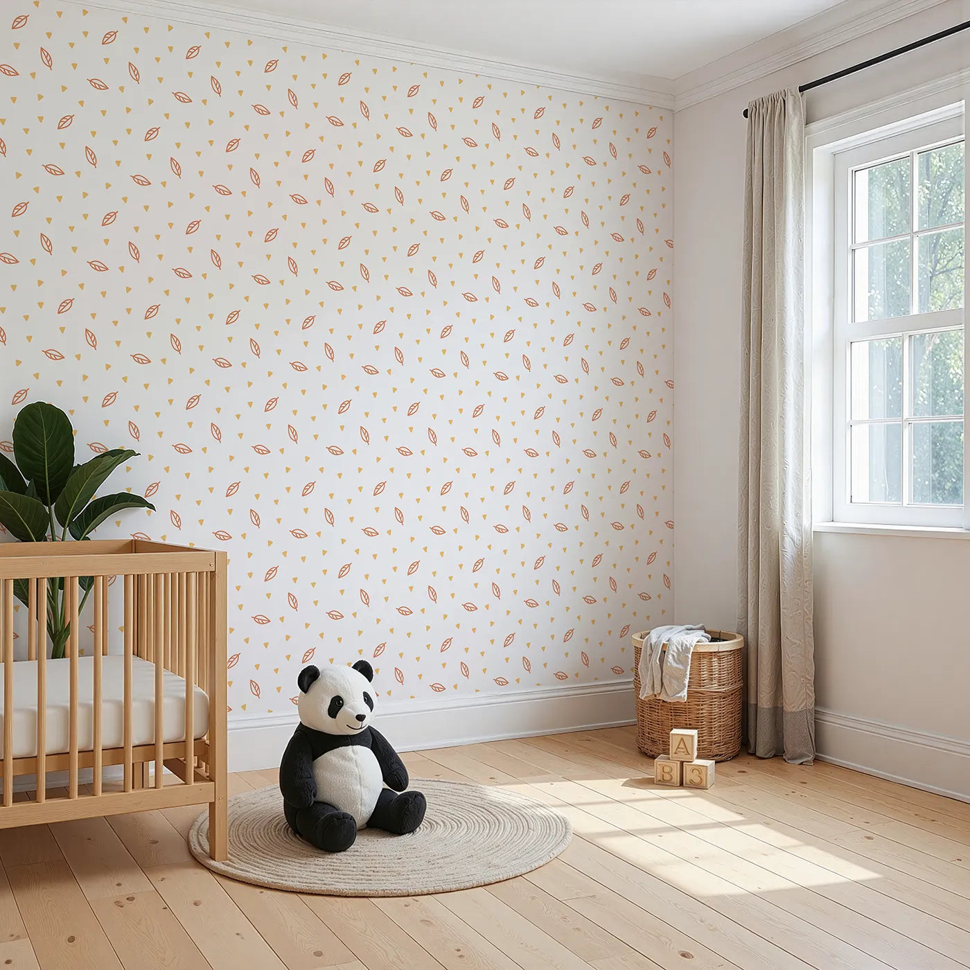 Angled view of Whimsy Tots' Autumn Leaf Scatter Wallpaper in Orange (W2003).Where gentle leaves and sunny shapes drift peacefully by.