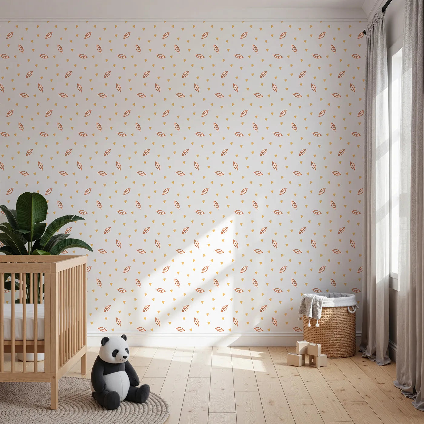 Front view of Whimsy Tots' Autumn Leaf Scatter Wallpaper in Orange
