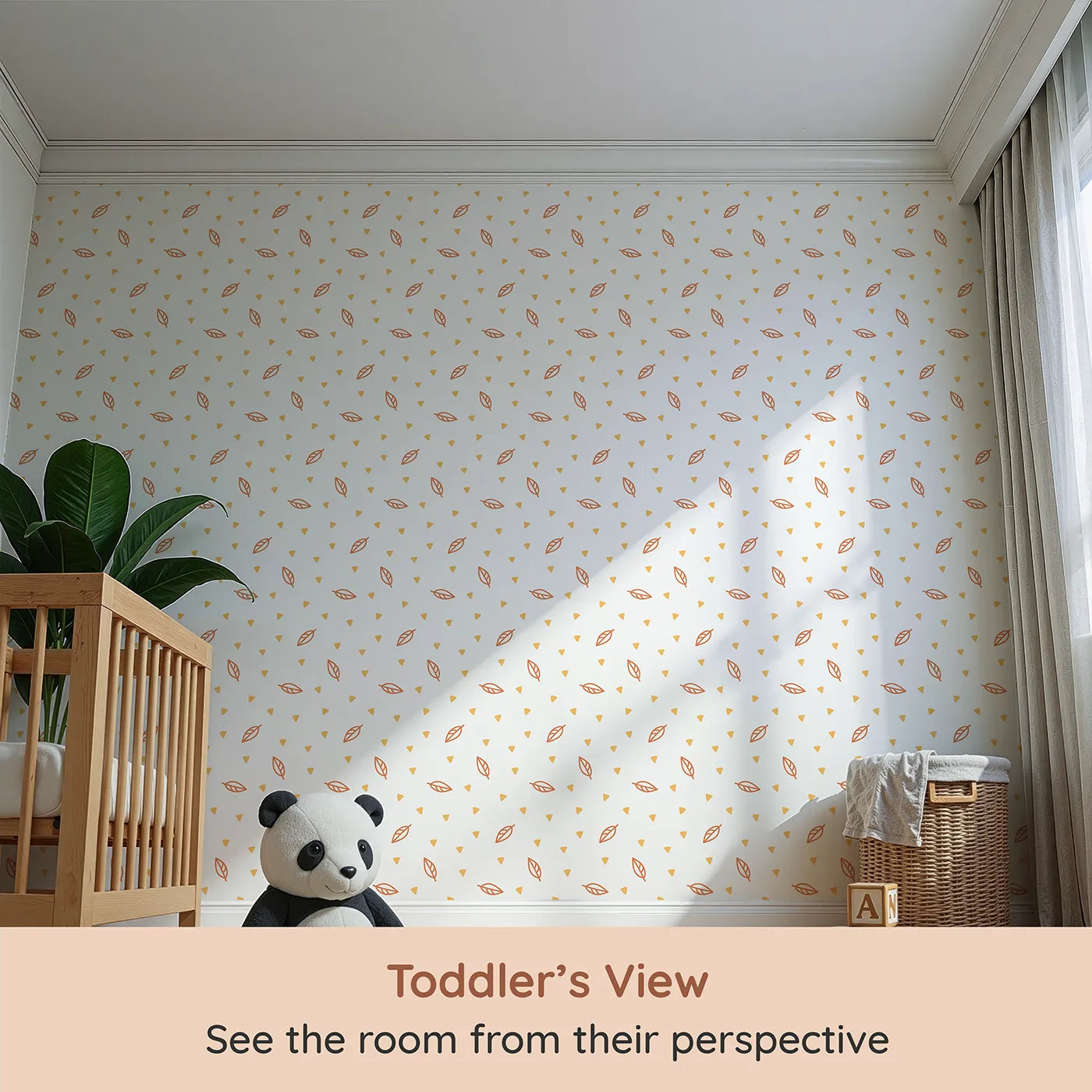 Whimsy Tots Autumn Leaf Scatter Wallpaper in Orange (W2003) from your child's view.Where gentle leaves and sunny shapes drift peacefully by.