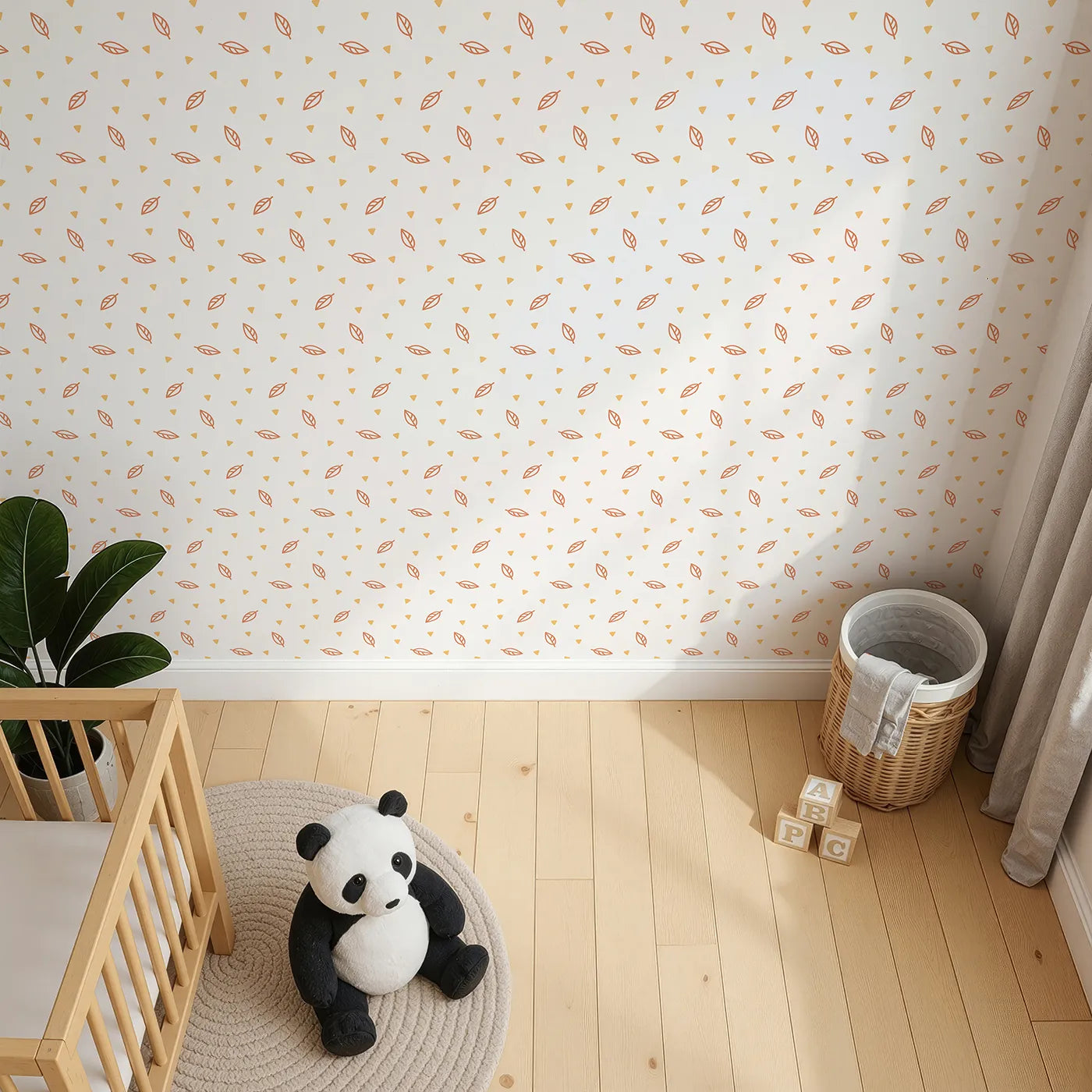 Top-Down view of Whimsy Tots' Autumn Leaf Scatter Wallpaper in Orange (W2003).Where gentle leaves and sunny shapes drift peacefully by.