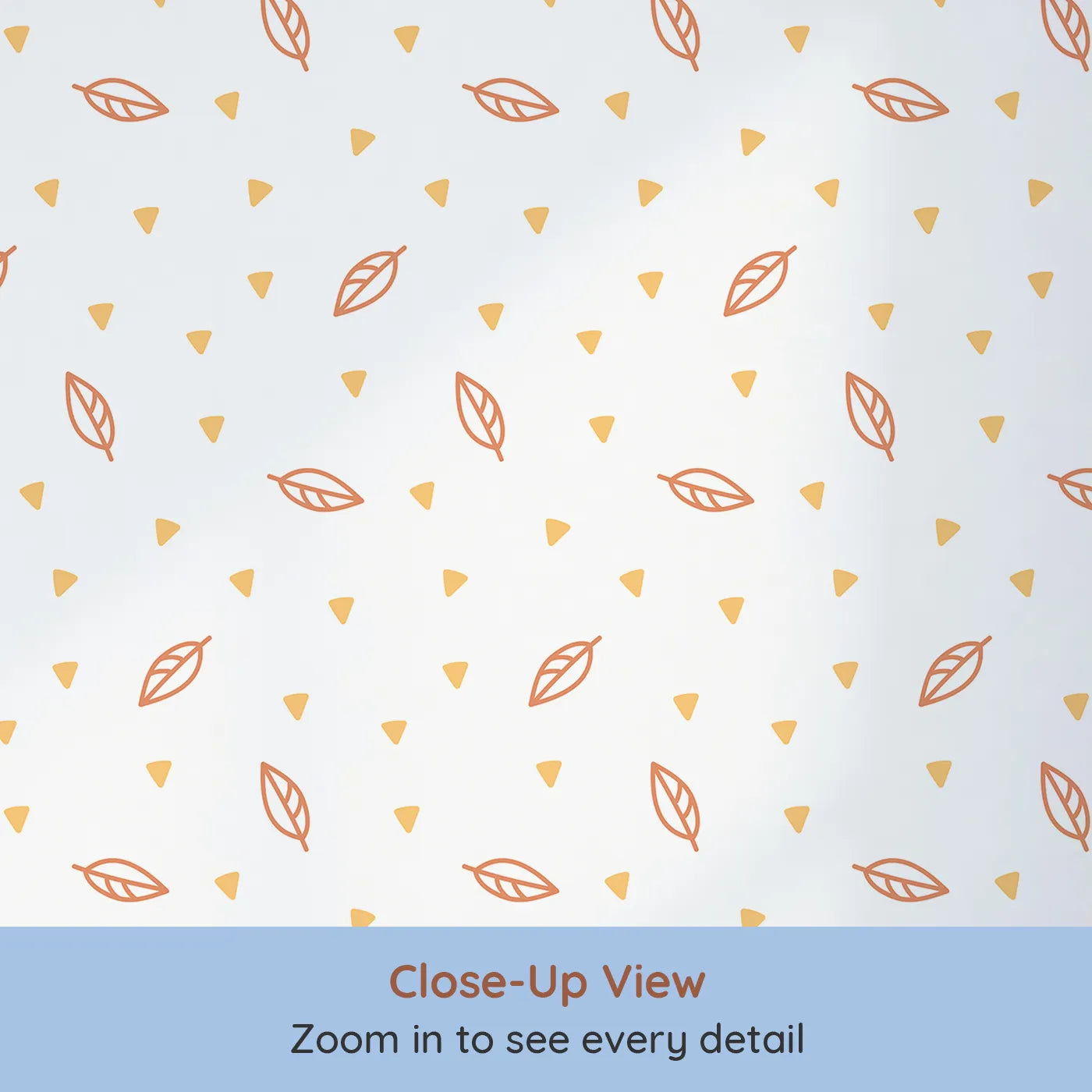 Close-up view of Whimsy Tots' Autumn Leaf Scatter Wallpaper in Orange (W2003).Where gentle leaves and sunny shapes drift peacefully by.