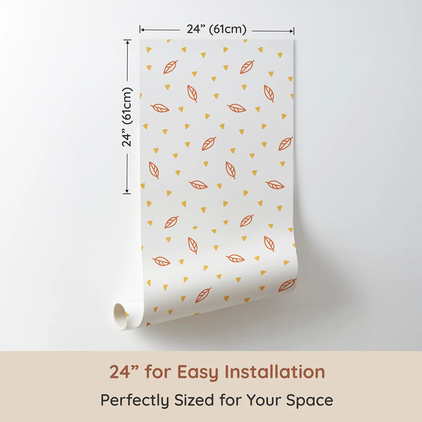 Dimension view of Whimsy Tots Autumn Leaf Scatter Wallpaper in Orange (W2003). Printed in 24-inch-wide panel for easy installation. Where gentle leaves and sunny shapes drift peacefully by.