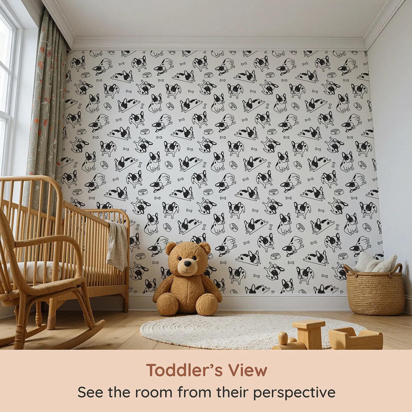 Whimsy Tots Playful French Bulldog Wallpaper (W2004) from your child's view.Where charming French Bulldogs are ready to play and snuggle.