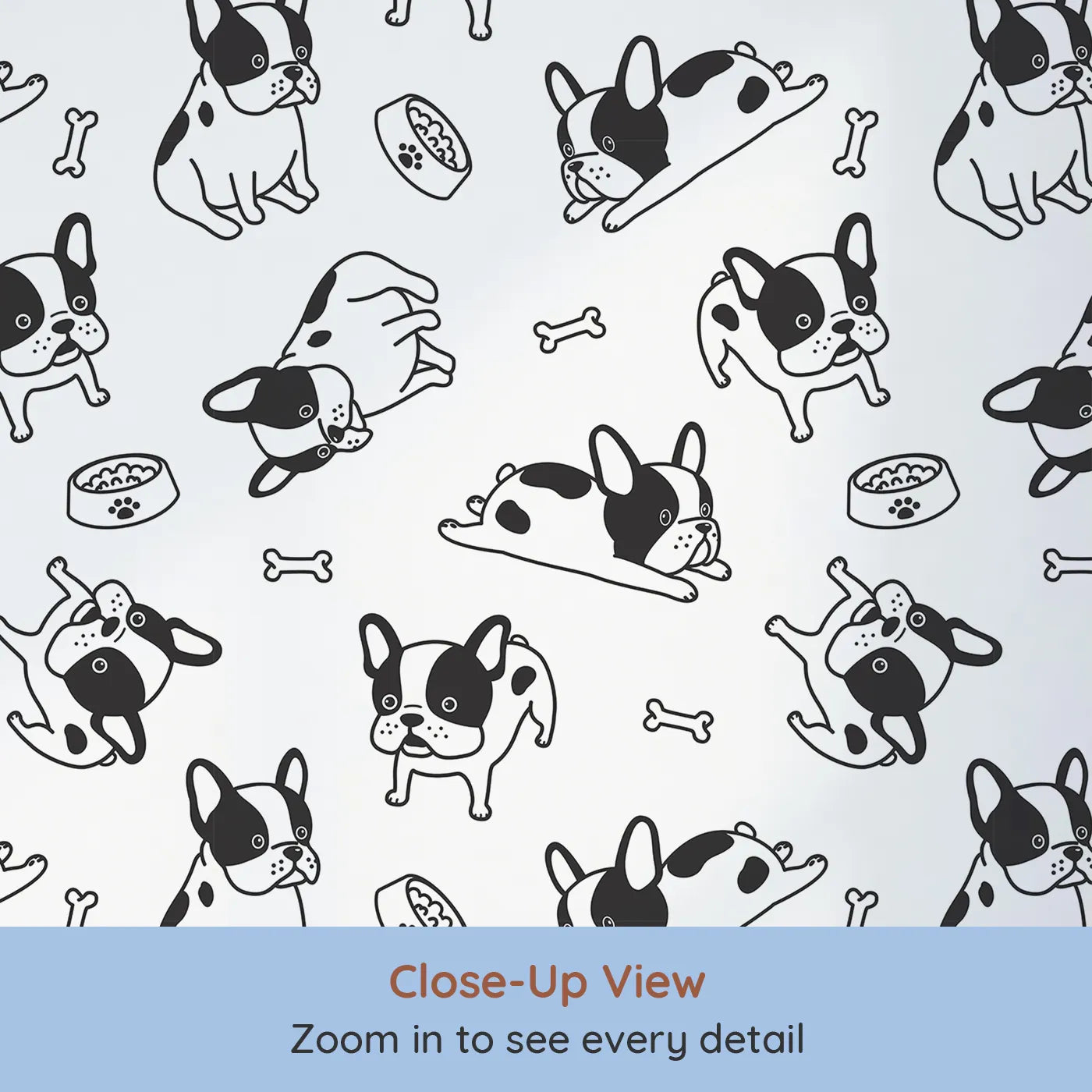 Close-up view of Whimsy Tots' Playful French Bulldog Wallpaper (W2004).Where charming French Bulldogs are ready to play and snuggle.