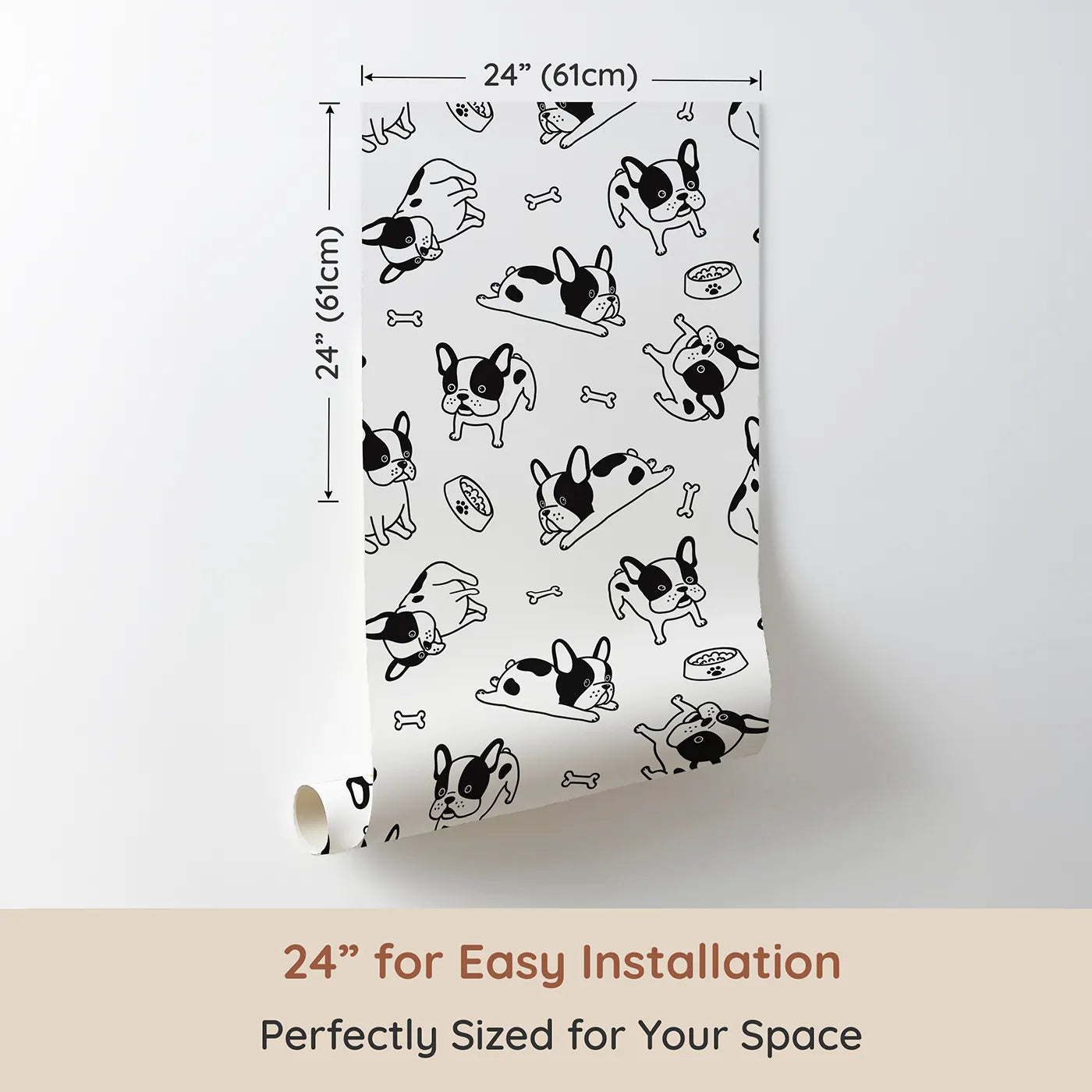 Dimension view of Whimsy Tots Playful French Bulldog Wallpaper (W2004). Printed in 24-inch-wide panel for easy installation. Where charming French Bulldogs are ready to play and snuggle.
