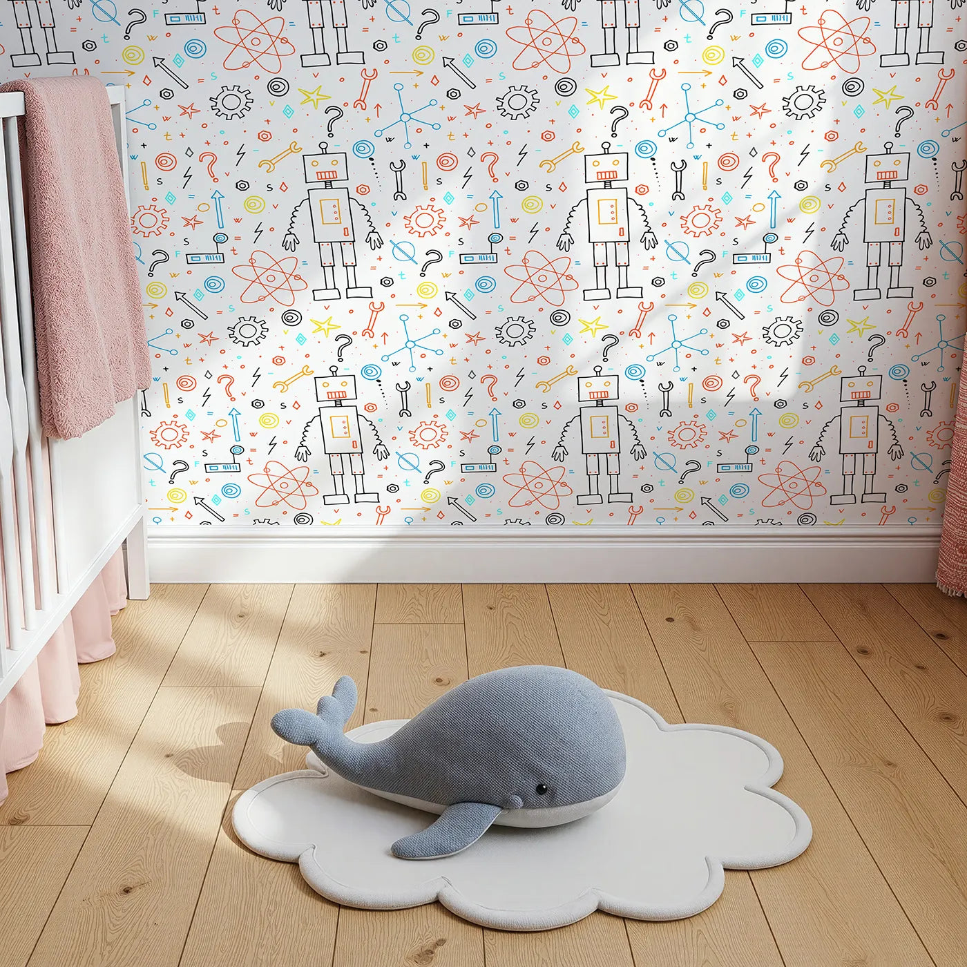 Top-Down view of Whimsy Tots' Curious Robot Doodle Wallpaper (W2005).Where curious robots and bright ideas come to life.