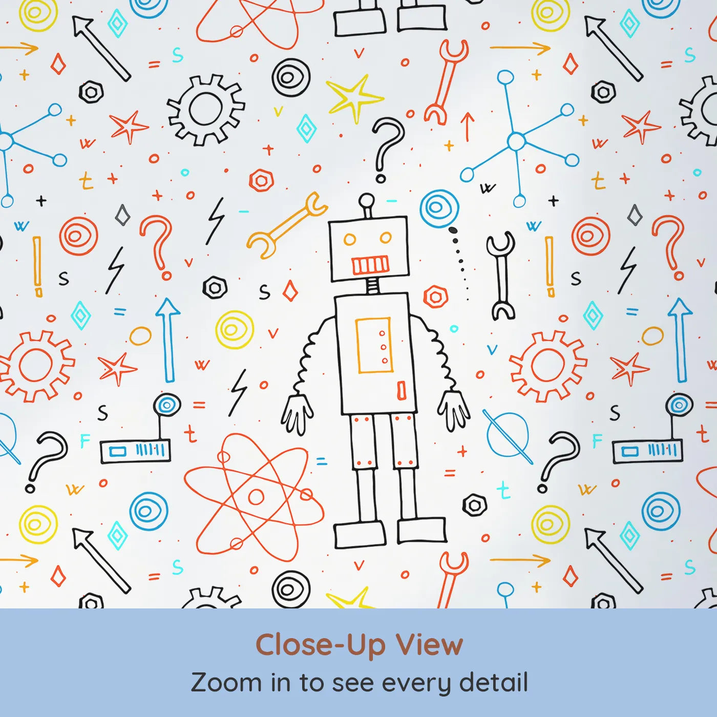 Close-up view of Whimsy Tots' Curious Robot Doodle Wallpaper (W2005).Where curious robots and bright ideas come to life.
