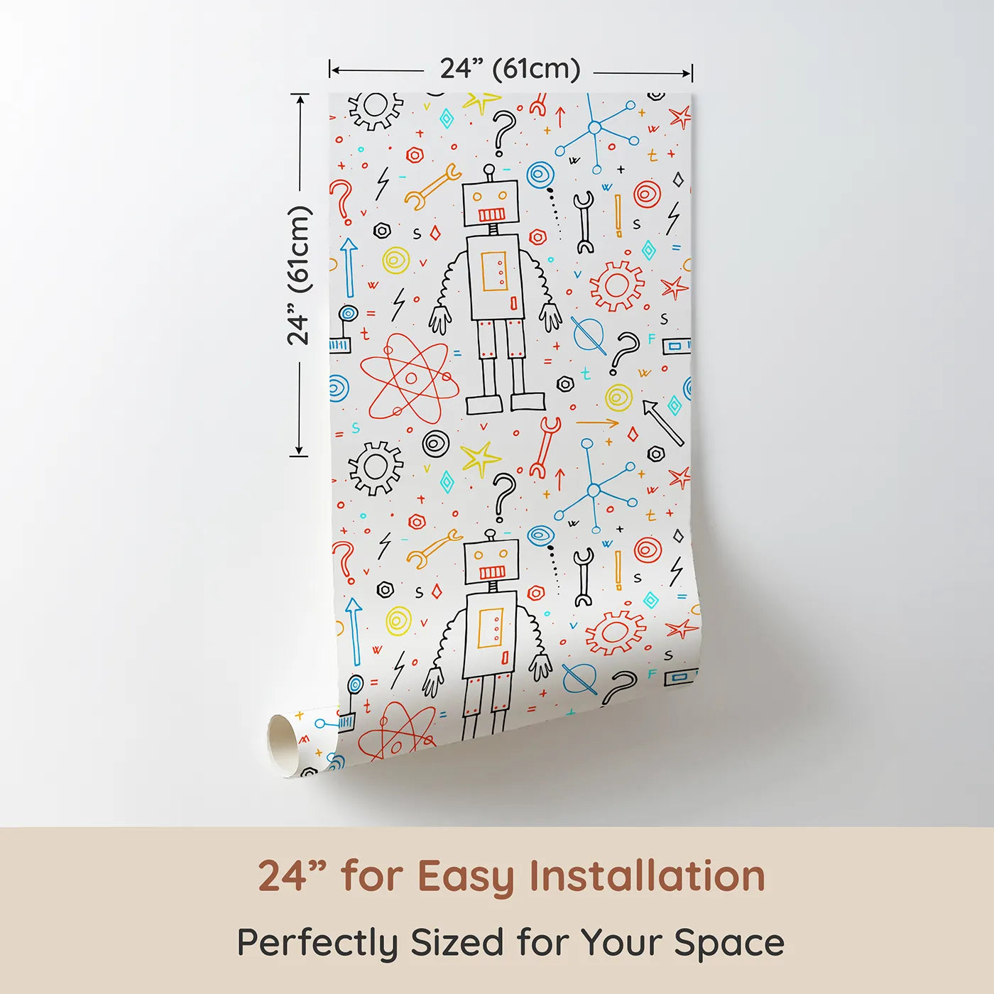 Dimension view of Whimsy Tots Curious Robot Doodle Wallpaper (W2005). Printed in 24-inch-wide panel for easy installation. Where curious robots and bright ideas come to life.