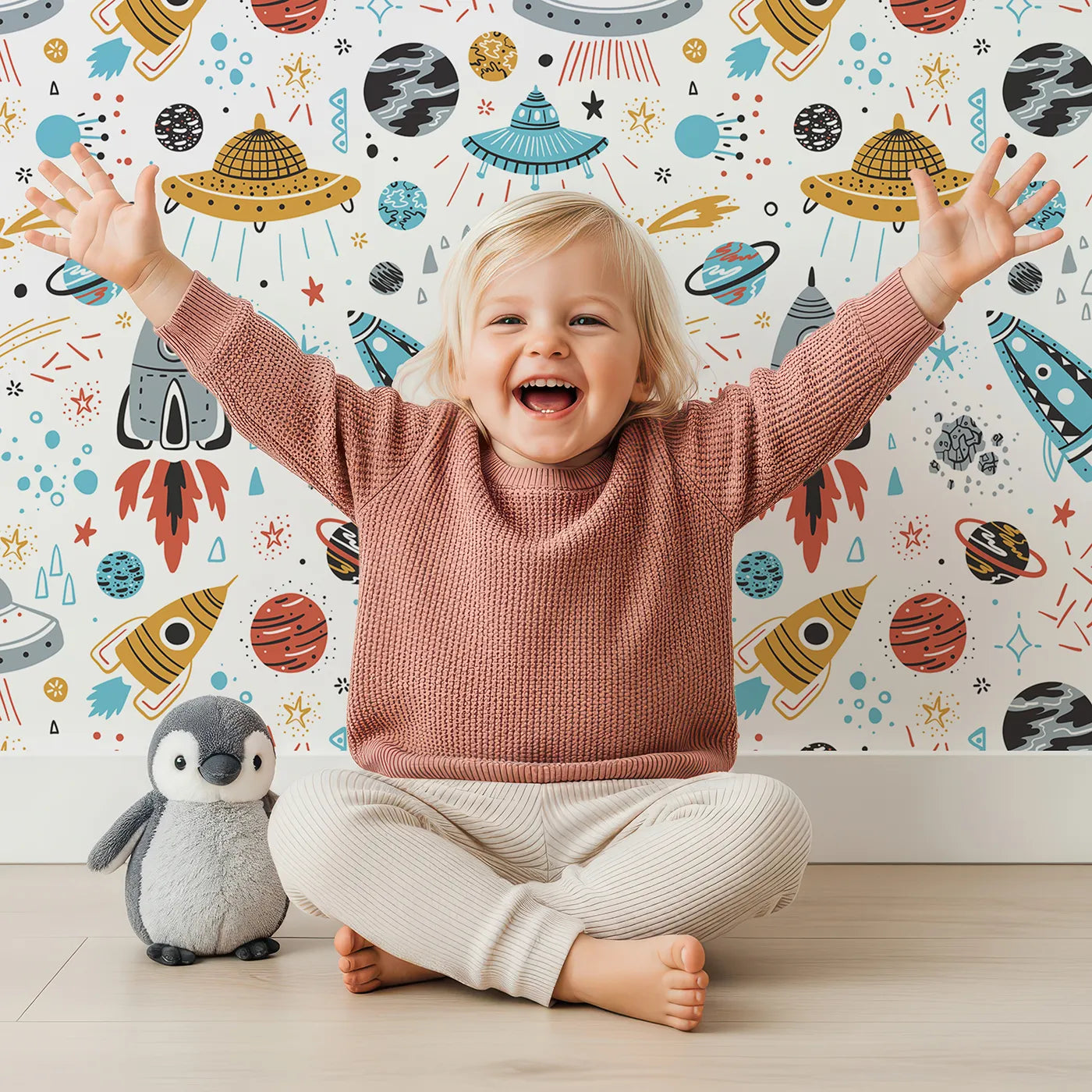 Lovely child standing in front of Whimsy Tots Retro Space Adventure Wallpaper with space, rocket, ufo, planet, star in design.