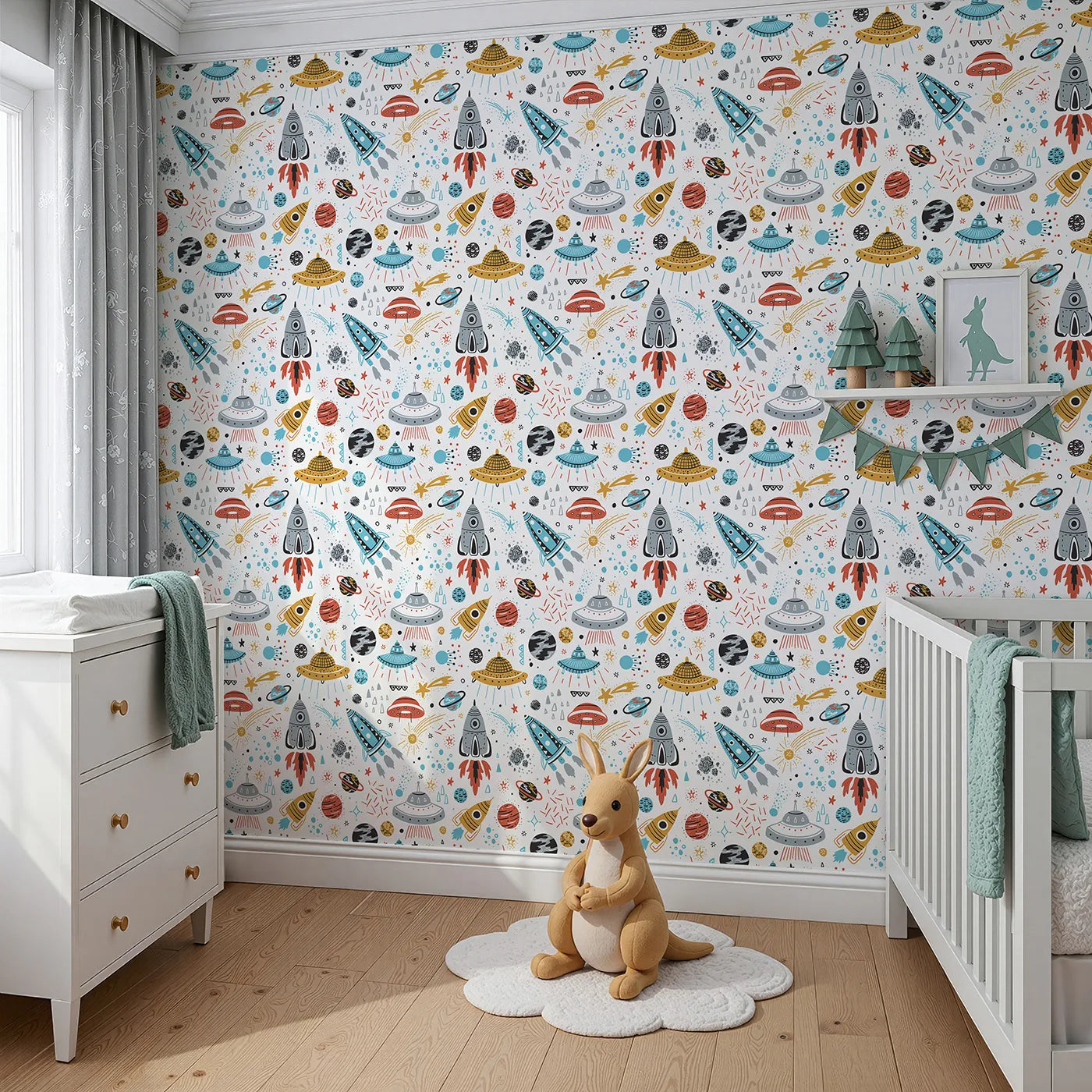 Angled view of Whimsy Tots' Retro Space Adventure Wallpaper (W2006).Where colorful rockets and friendly UFOs explore the galaxy.