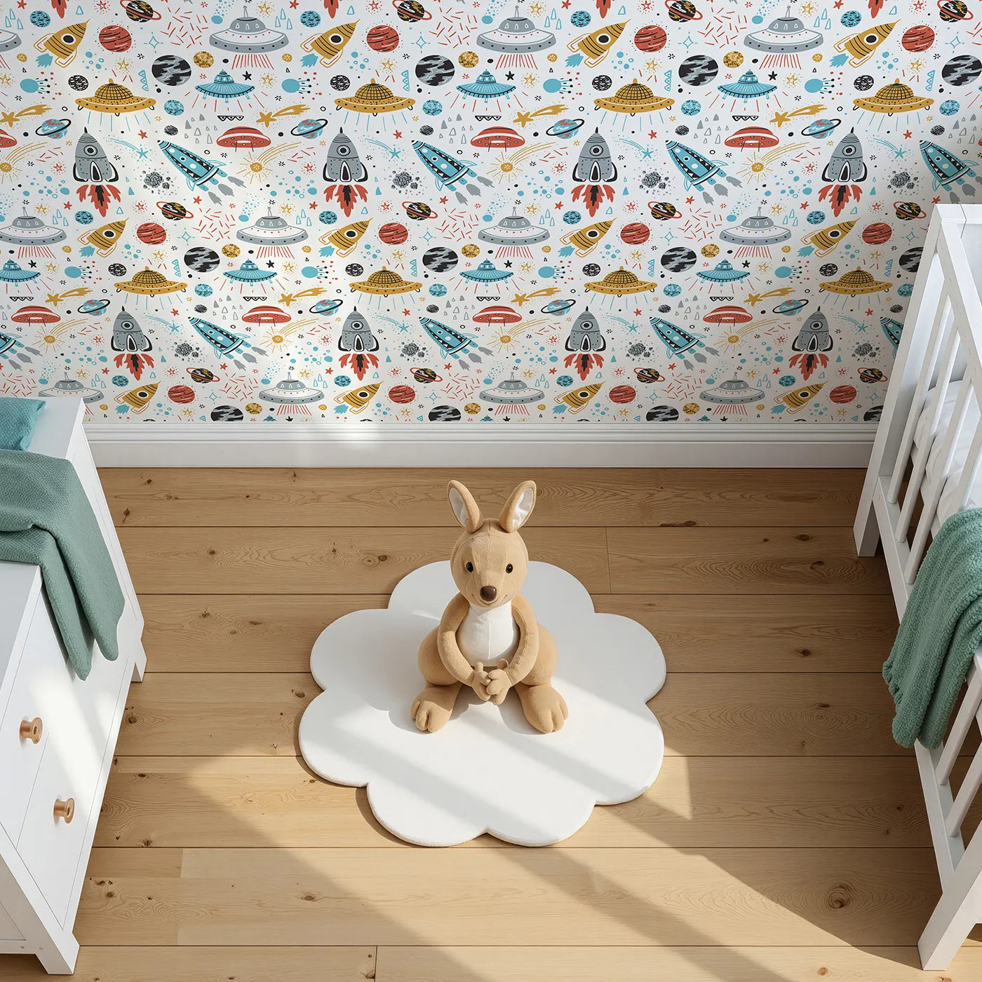 Top-Down view of Whimsy Tots' Retro Space Adventure Wallpaper (W2006).Where colorful rockets and friendly UFOs explore the galaxy.