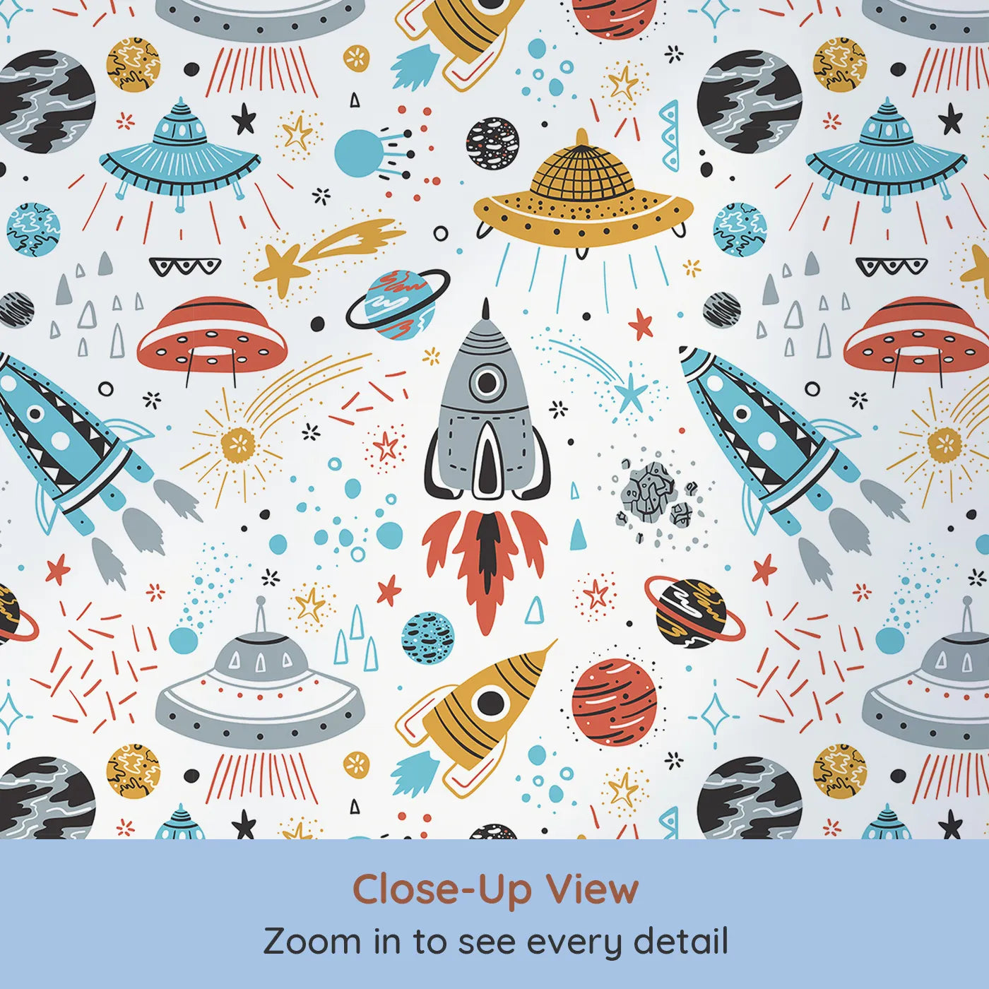 Close-up view of Whimsy Tots' Retro Space Adventure Wallpaper (W2006).Where colorful rockets and friendly UFOs explore the galaxy.