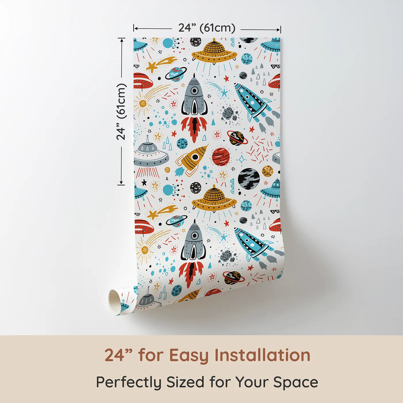 Dimension view of Whimsy Tots Retro Space Adventure Wallpaper (W2006). Printed in 24-inch-wide panel for easy installation. Where colorful rockets and friendly UFOs explore the galaxy.