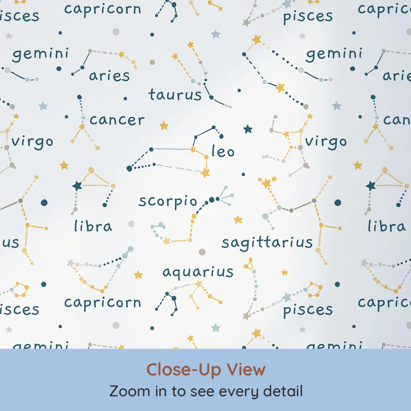 Close-up view of Whimsy Tots' Zodiac Constellation Wallpaper (W2007).Where the stars connect to tell ancient, magical stories.