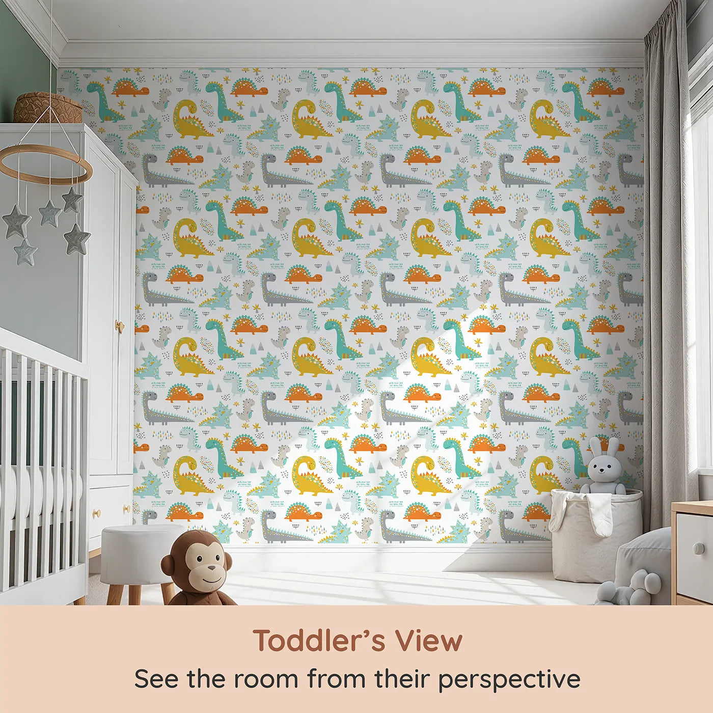 Whimsy Tots Friendly Dino Friends Wallpaper in Multicolor (W2008) from your child's view.Where the kindest, most colorful dinosaurs come out to play.