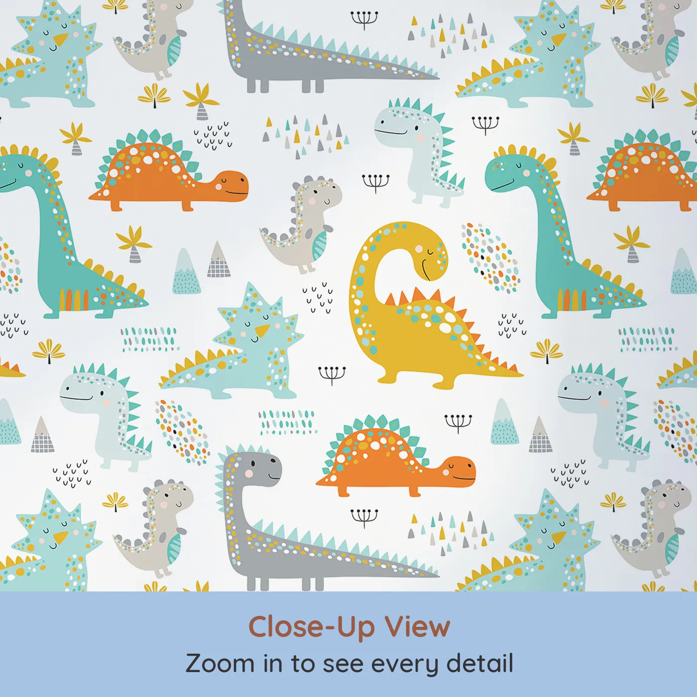 Close-up view of Whimsy Tots' Friendly Dino Friends Wallpaper in Multicolor (W2008).Where the kindest, most colorful dinosaurs come out to play.