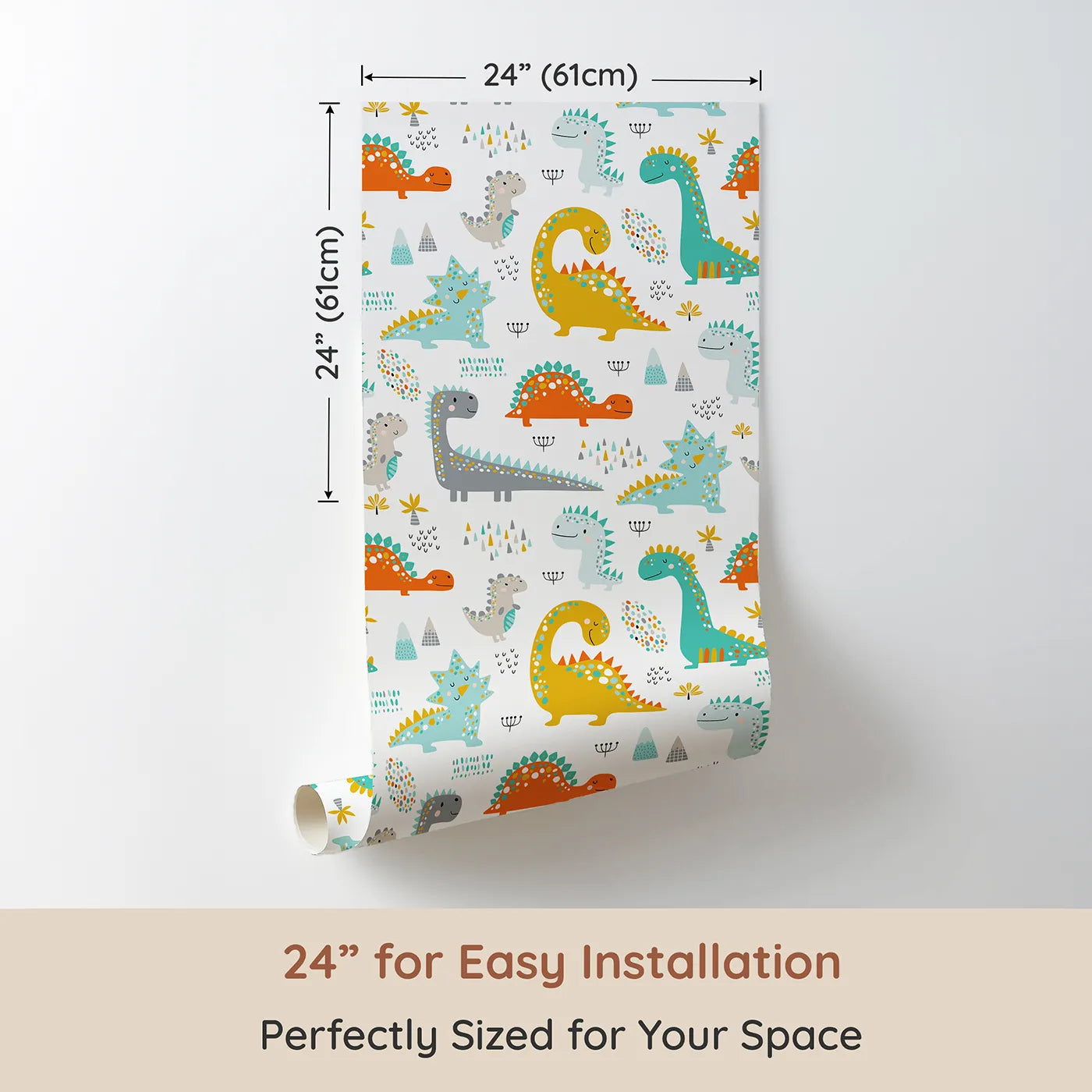 Dimension view of Whimsy Tots Friendly Dino Friends Wallpaper in Multicolor (W2008). Printed in 24-inch-wide panel for easy installation. Where the kindest, most colorful dinosaurs come out to play.