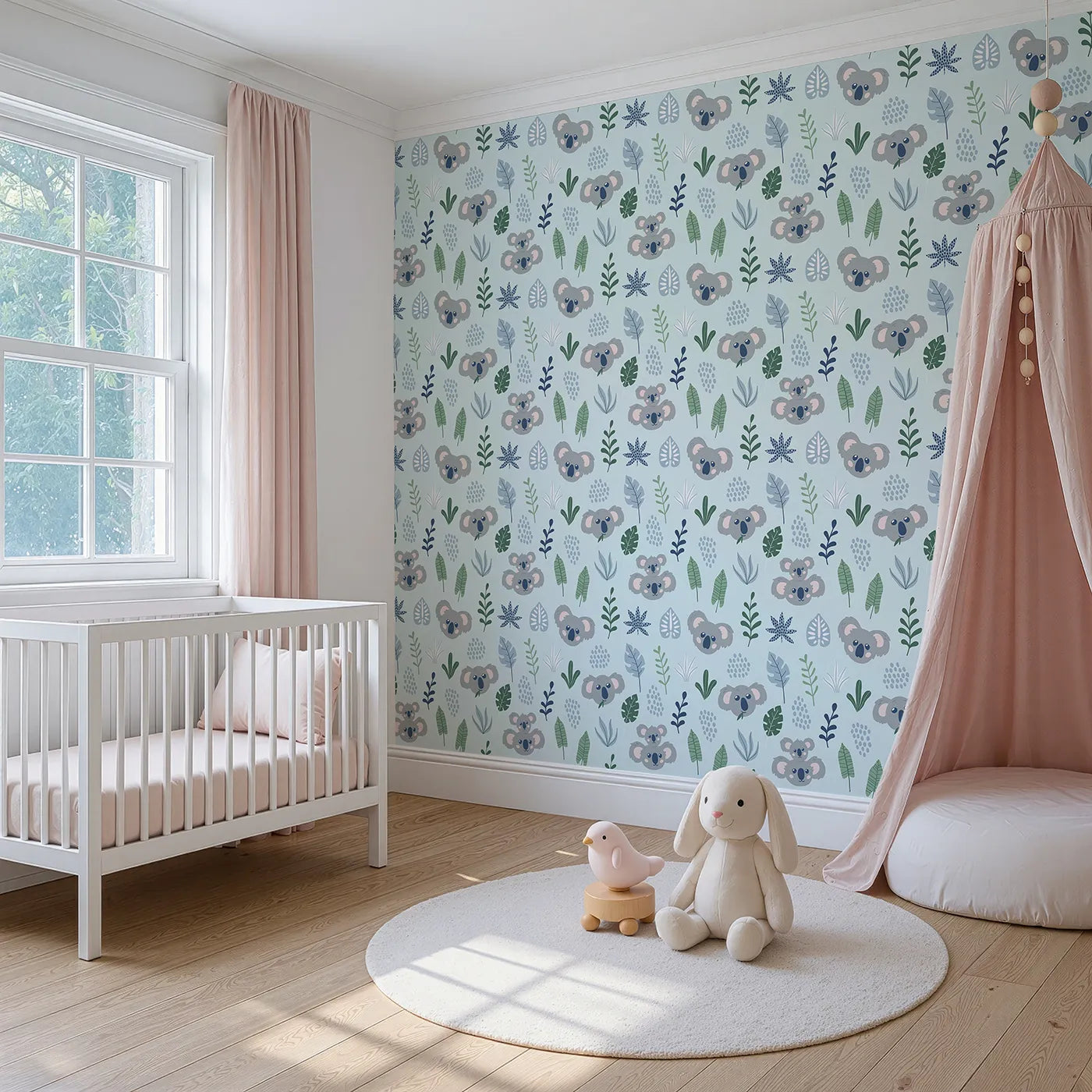 Angled view of Whimsy Tots' Koala Cuddle Grove Wallpaper (W2009).Where sweet koalas and gentle leaves create a world of calm.